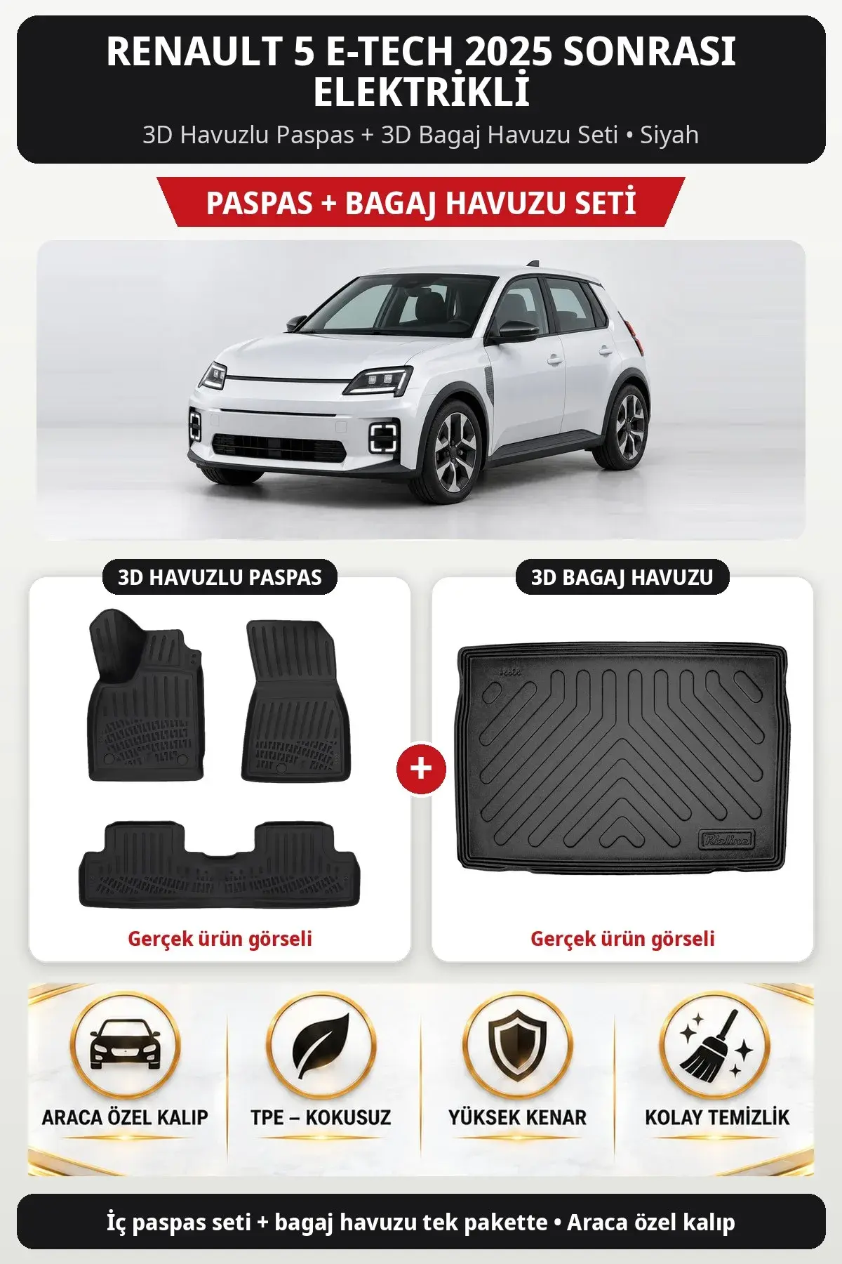 Renault 5 E-Tech 2025 Sonrası Elektrikli 3D Havuzlu Paspas + 3D Bagaj Havuzu Seti Siyah (1)