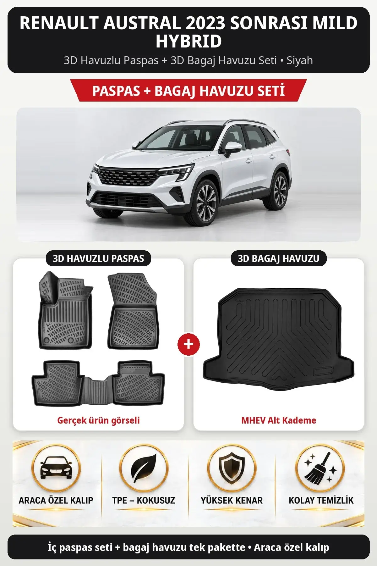 Renault Austral 2023 Sonrası Mild Hybrid 3D Paspas + Bagaj Havuzu Seti (MHEV Alt Kademe) Siyah (1)
