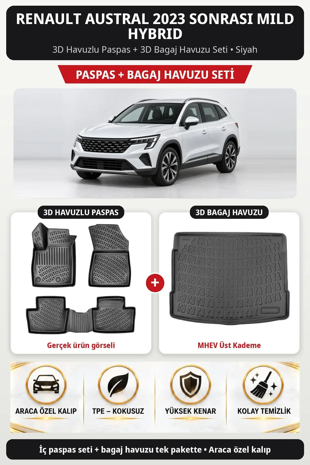 Renault Austral 2023 Sonrası Mild Hybrid 3D Paspas + Bagaj Havuzu Seti (MHEV Üst Kademe) Siyah (1)