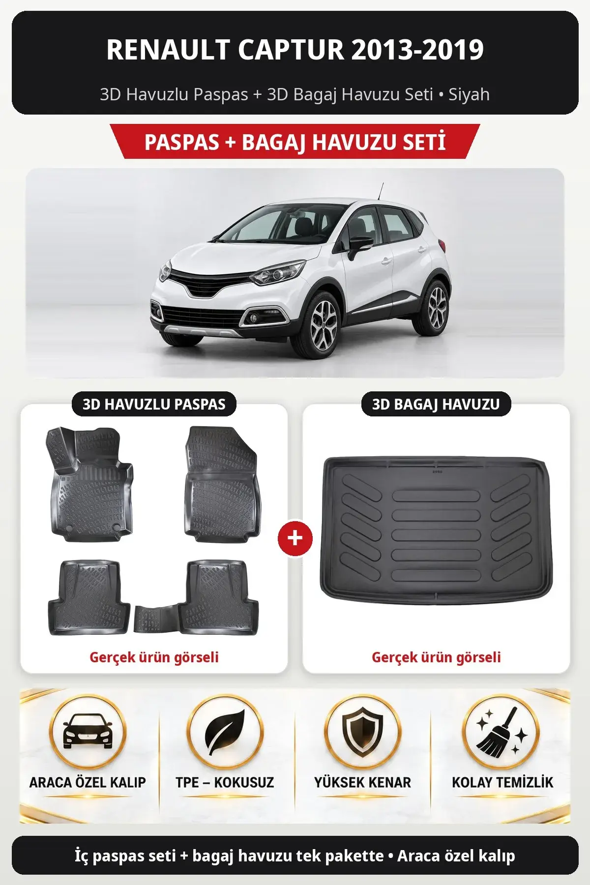 Renault Captur 2013-2019 3D Havuzlu Paspas + 3D Bagaj Havuzu Seti Siyah (1)