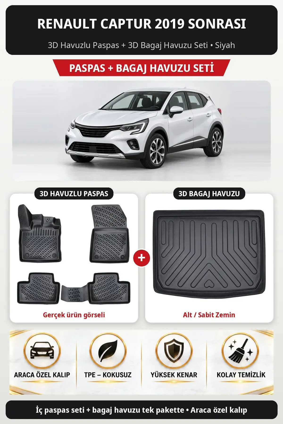 Renault Captur 2019 Sonrası 3D Havuzlu Paspas + 3D Bagaj Havuzu Seti (Alt / Sabit Zemin) Siyah (1)