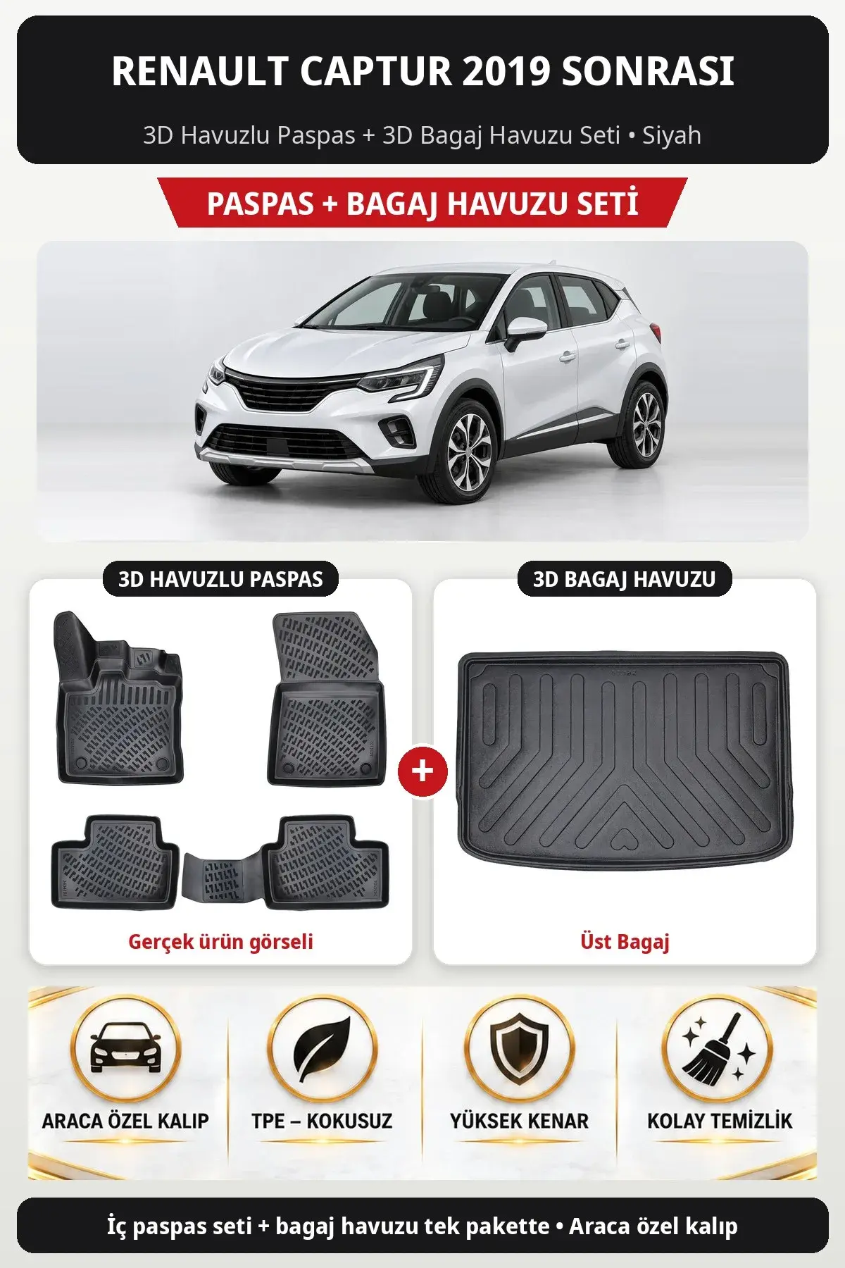 Renault Captur 2019 Sonrası 3D Havuzlu Paspas + 3D Bagaj Havuzu Seti (Üst Bagaj) Siyah (1)