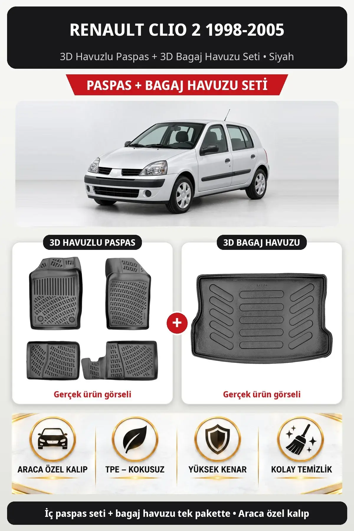 Renault Clio 2 1998-2005 3D Havuzlu Paspas + 3D Bagaj Havuzu Seti Siyah (1)