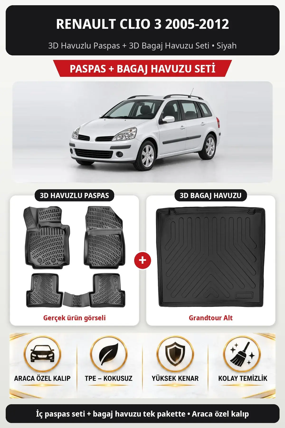 Renault Clio 3 2005-2012 3D Havuzlu Paspas + 3D Bagaj Havuzu Seti (Grandtour Alt) Siyah (1)