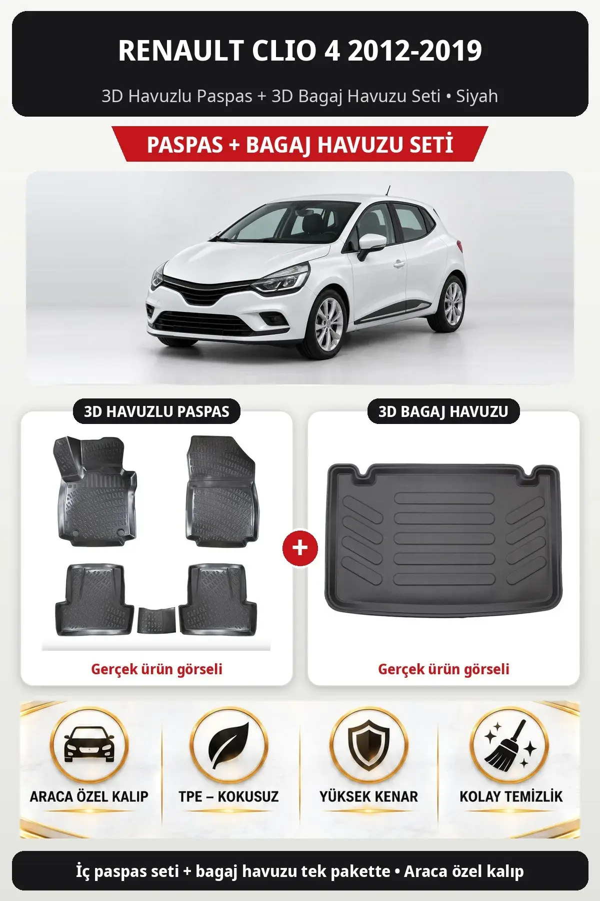 Renault Clio 4 2012-2019 3D Havuzlu Paspas + 3D Bagaj Havuzu Seti Siyah (1)