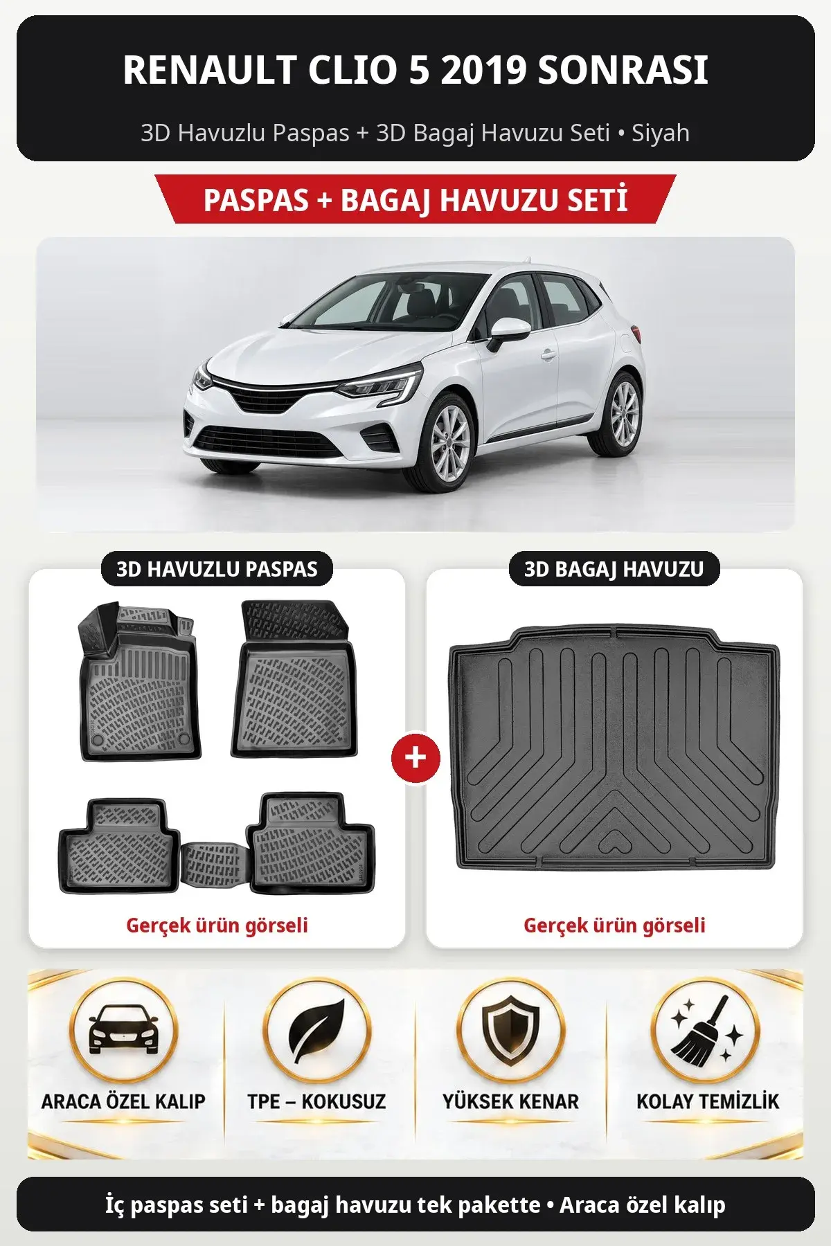 Renault Clio 5 2019 Sonrası 3D Havuzlu Paspas + 3D Bagaj Havuzu Seti Siyah (1)