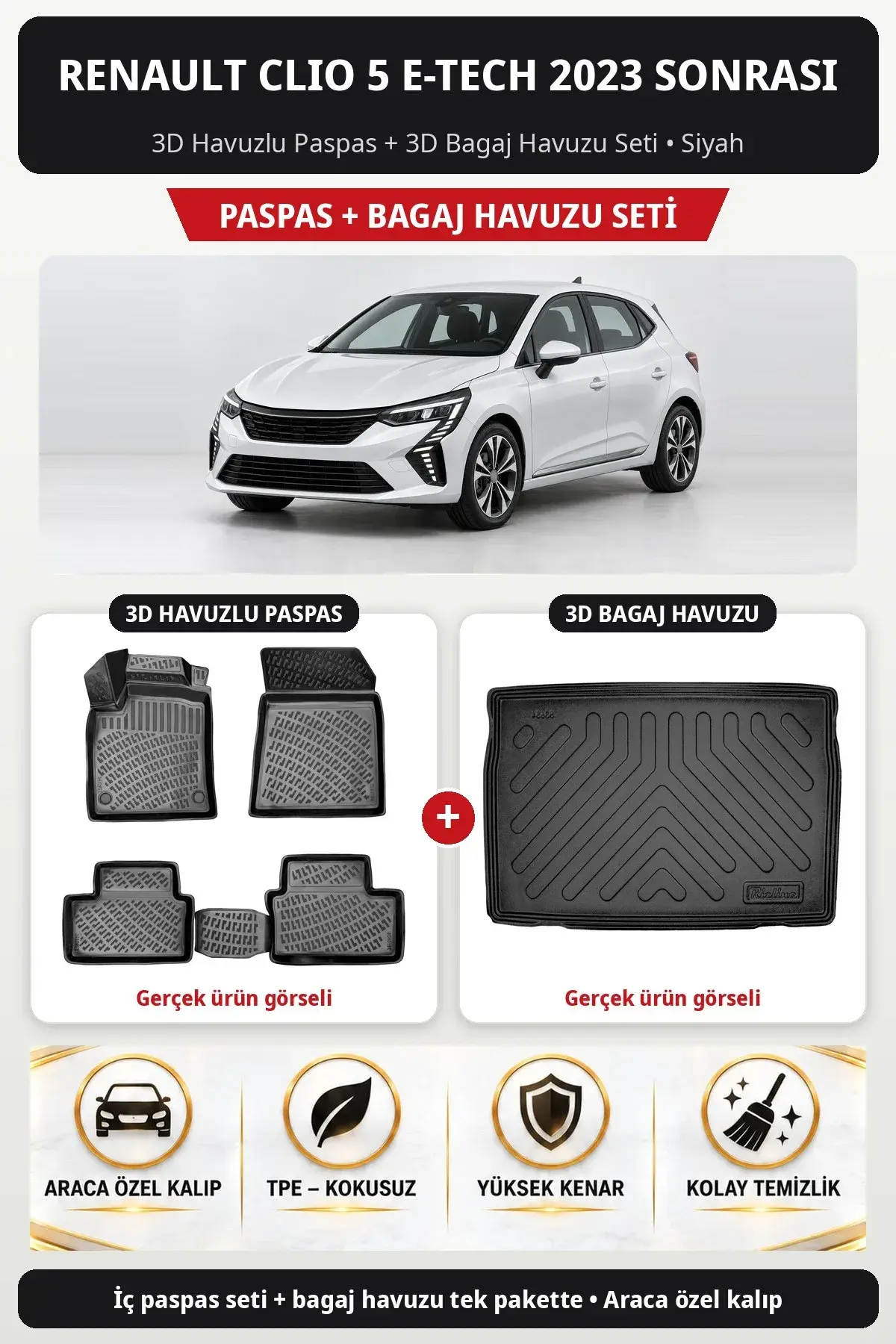 Renault Clio 5 E-Tech 2023 Sonrası 3D Havuzlu Paspas + 3D Bagaj Havuzu Seti Siyah (1)