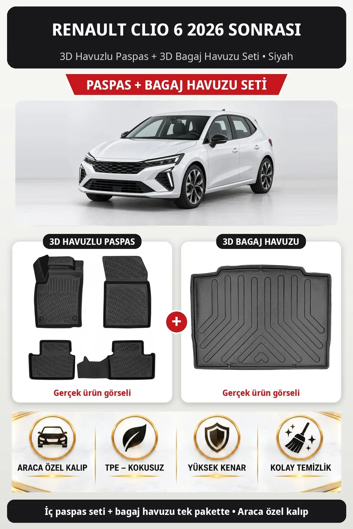 Renault Clio 6 2026 Sonrası 3D Havuzlu Paspas + 3D Bagaj Havuzu Seti Siyah (1)