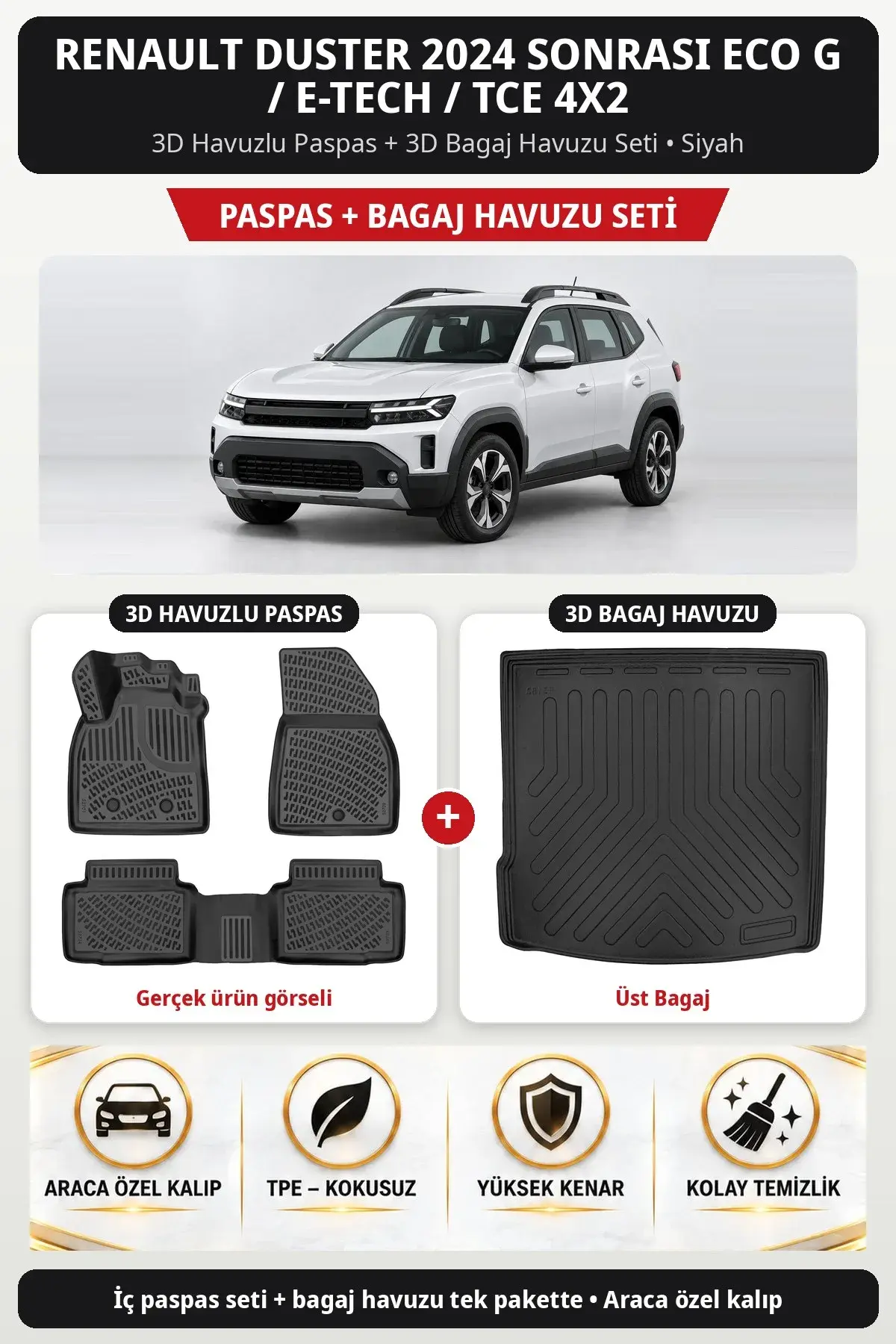 Renault Duster 2024 Sonrası Eco G / e-Tech / Tce 4X2 3D Paspas + Bagaj Havuzu Seti (Üst Bagaj) Siyah (1)