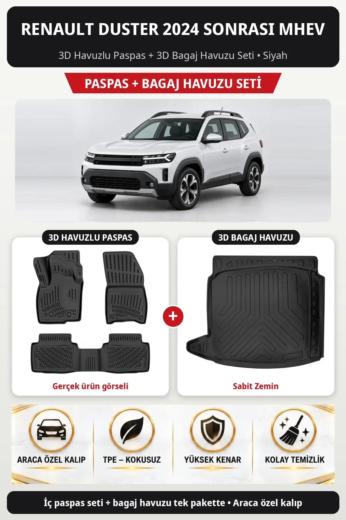 Renault Duster 2024 Sonrası MHEV 3D Havuzlu Paspas + 3D Bagaj Havuzu Seti (Sabit Zemin) Siyah (1)
