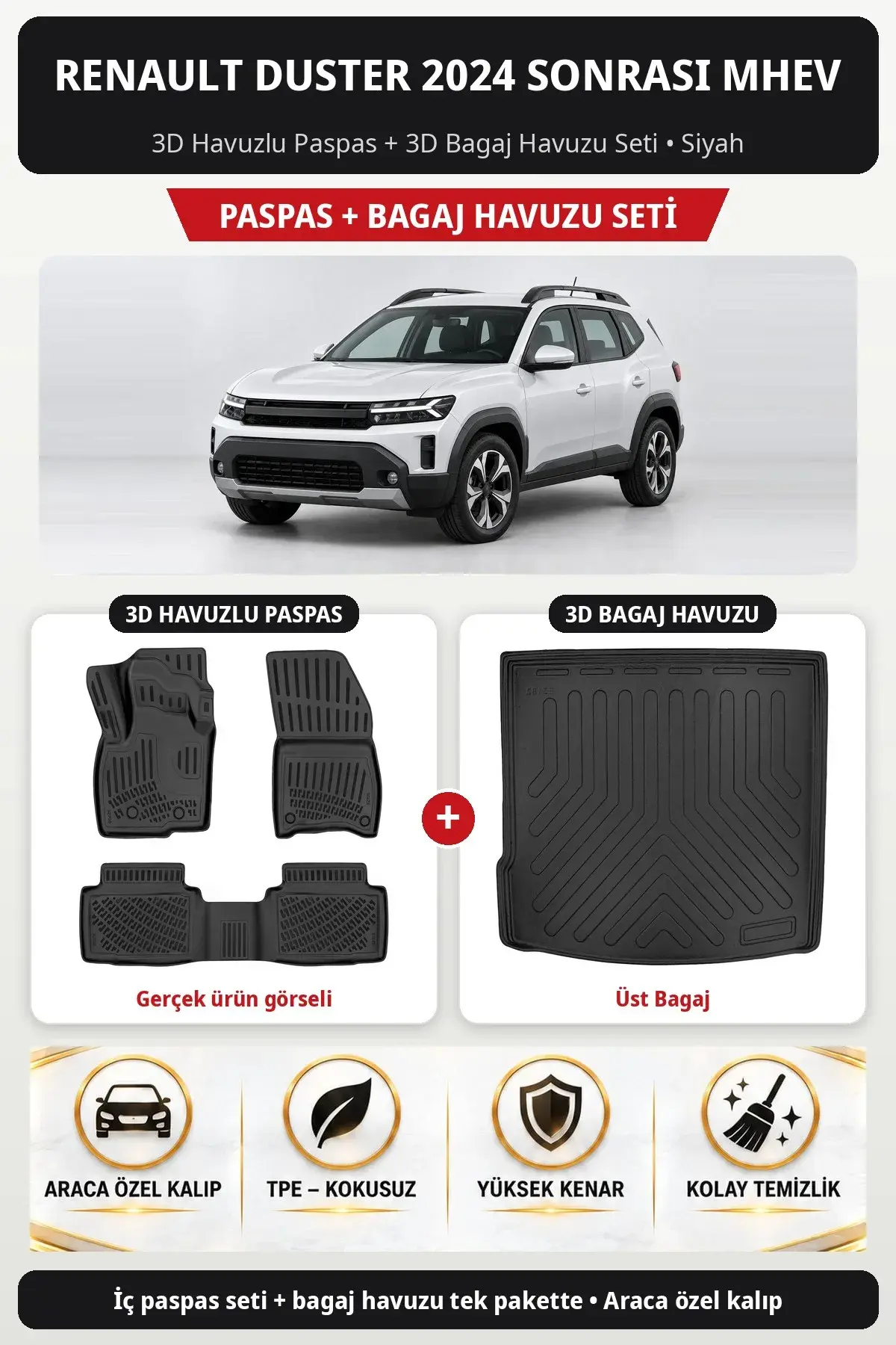 Renault Duster 2024 Sonrası MHEV 3D Havuzlu Paspas + 3D Bagaj Havuzu Seti (Üst Bagaj) Siyah (1)