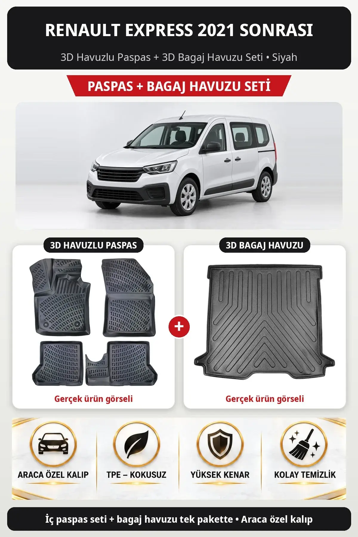 Renault Express 2021 Sonrası 3D Havuzlu Paspas + 3D Bagaj Havuzu Seti Siyah (1)