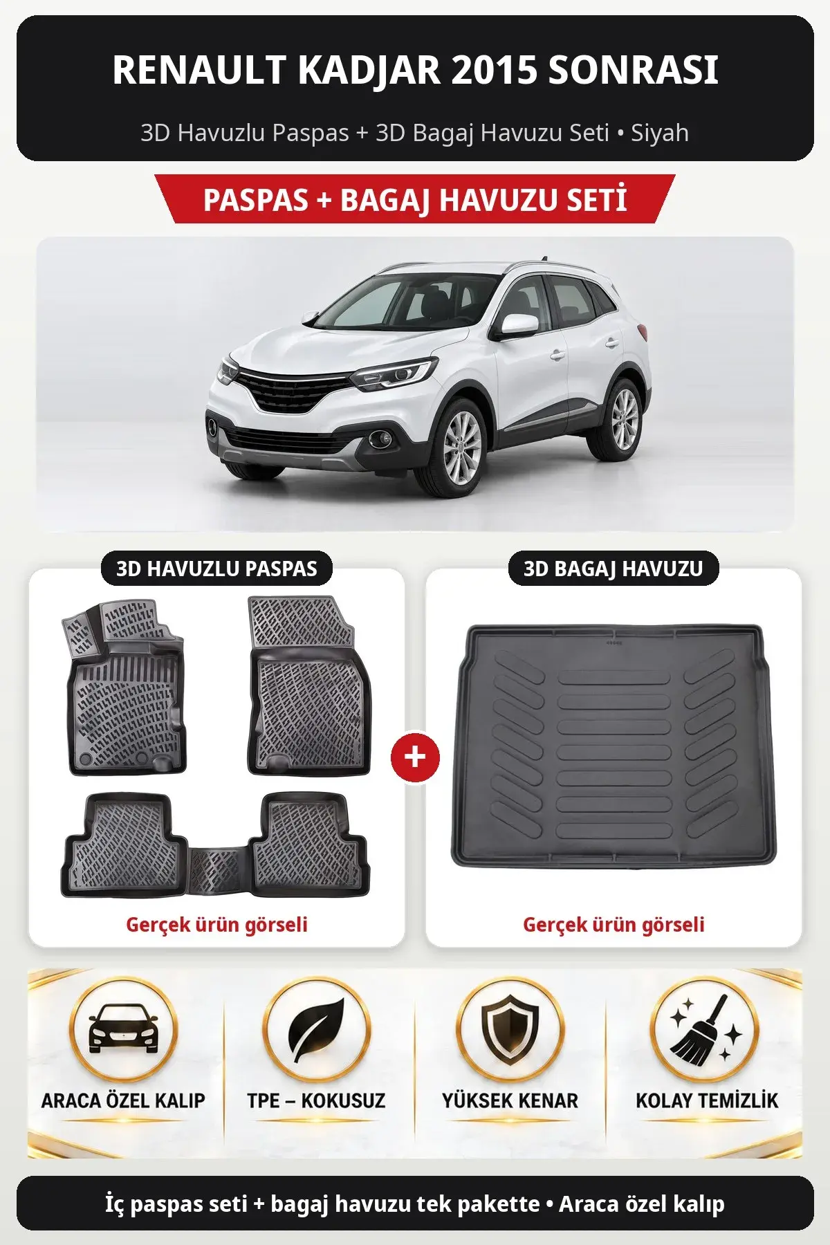 Renault Kadjar 2015 Sonrası 3D Havuzlu Paspas + 3D Bagaj Havuzu Seti Siyah (1)