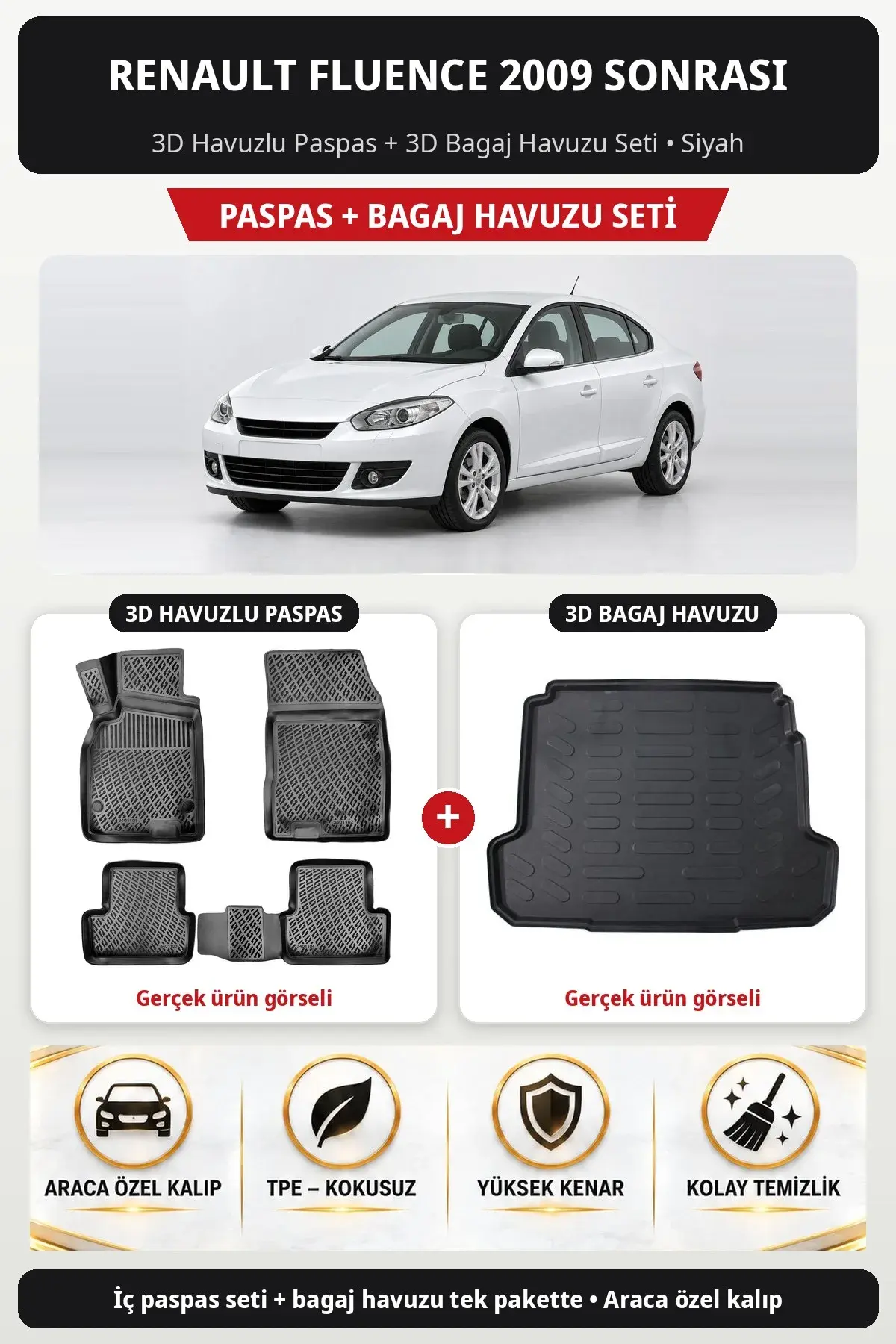 Renault Fluence 2009 Sonrası 3D Havuzlu Paspas + 3D Bagaj Havuzu Seti Siyah (1)