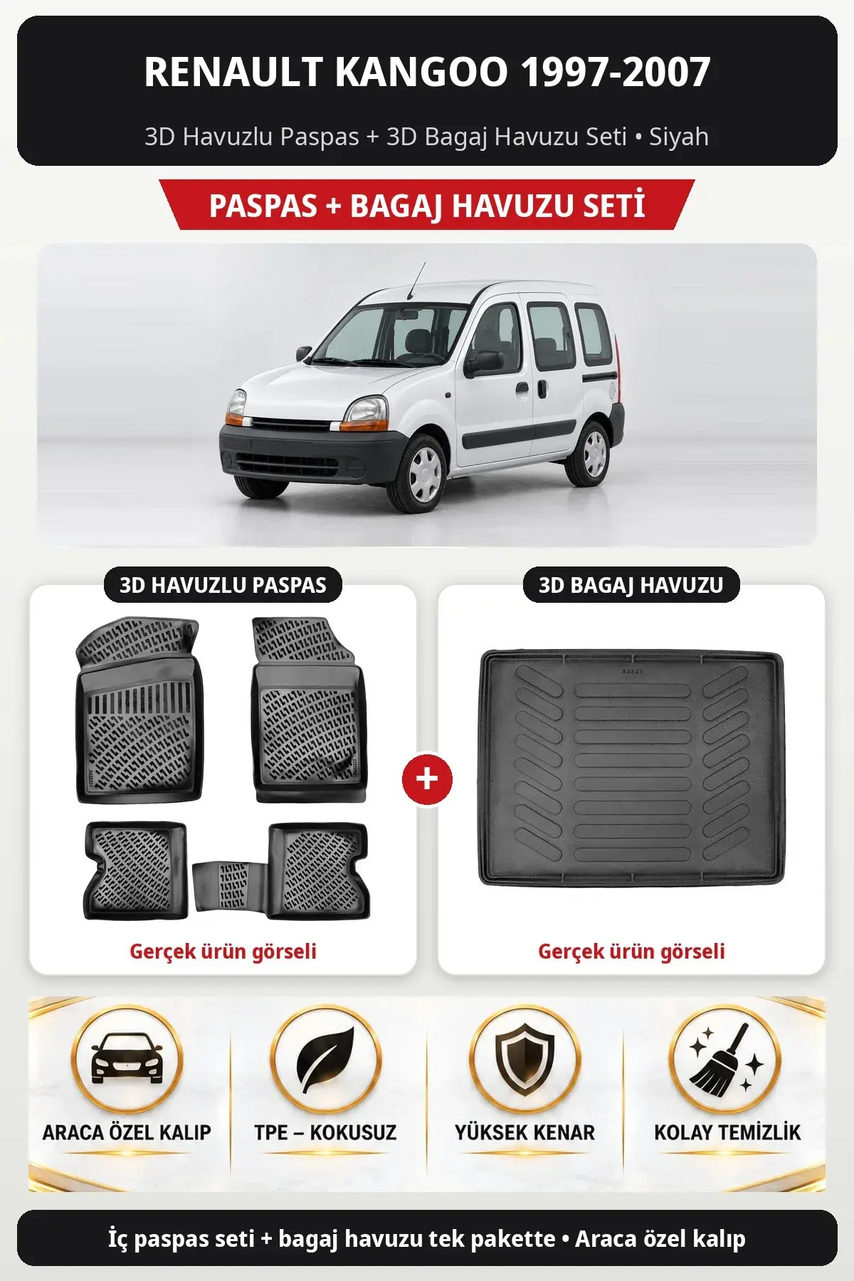 Renault Kangoo 1997-2007 3D Havuzlu Paspas + 3D Bagaj Havuzu Seti Siyah (1)
