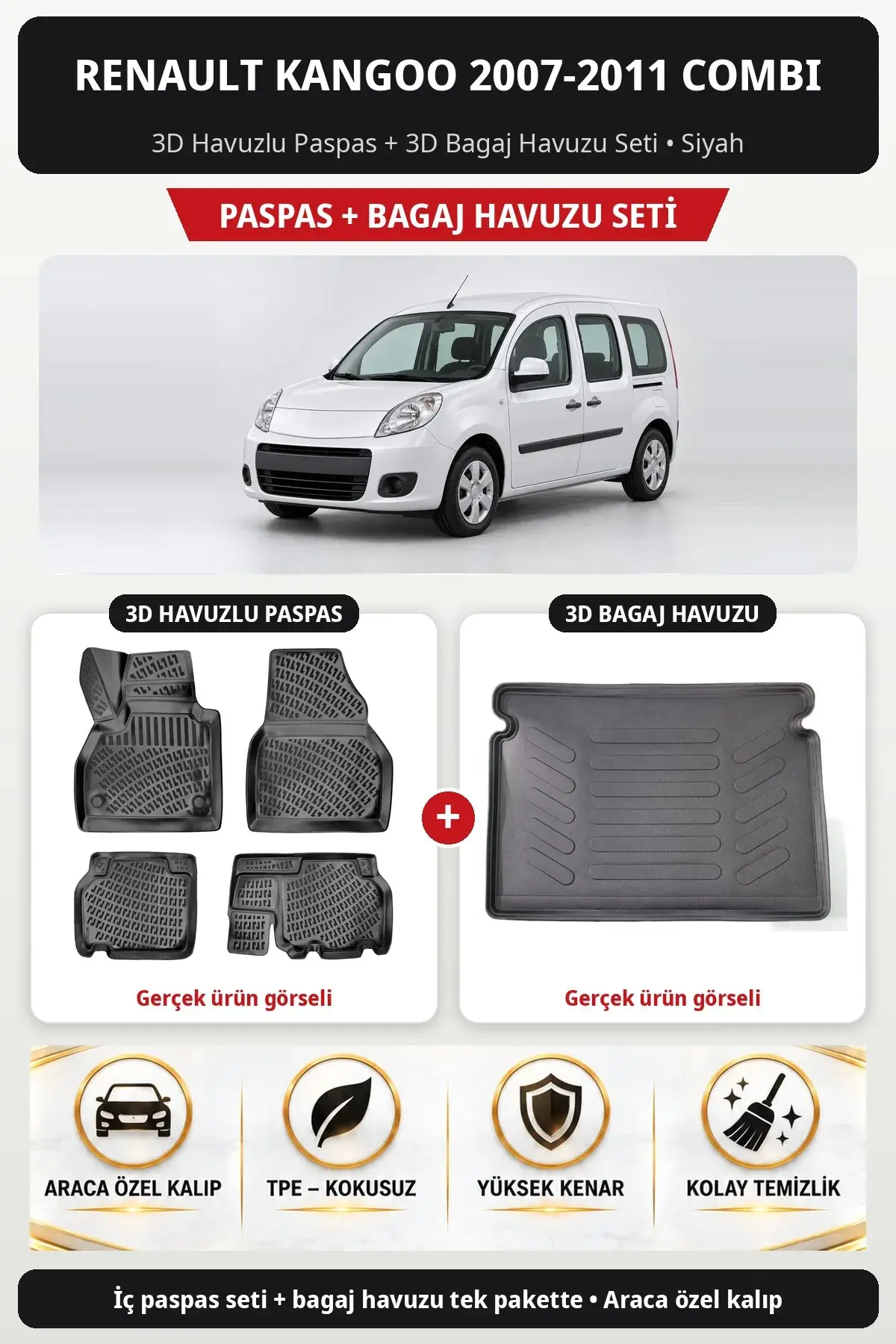 Renault Kangoo 2007-2011 Combi 3D Havuzlu Paspas + 3D Bagaj Havuzu Seti Siyah (1)