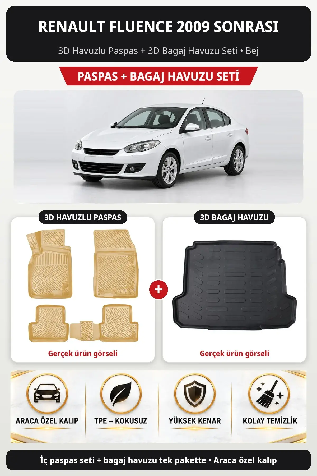 Renault Fluence 2009 Sonrası 3D Havuzlu Paspas + 3D Bagaj Havuzu Seti Bej (1)