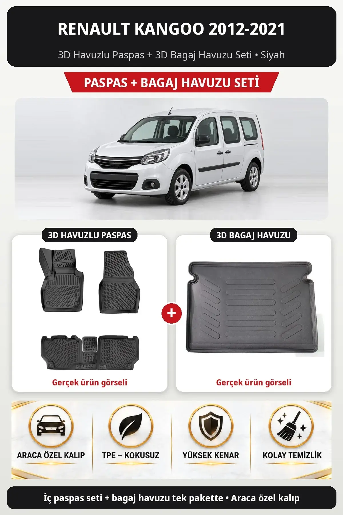 Renault Kangoo 2012-2021 3D Havuzlu Paspas + 3D Bagaj Havuzu Seti Siyah (1)