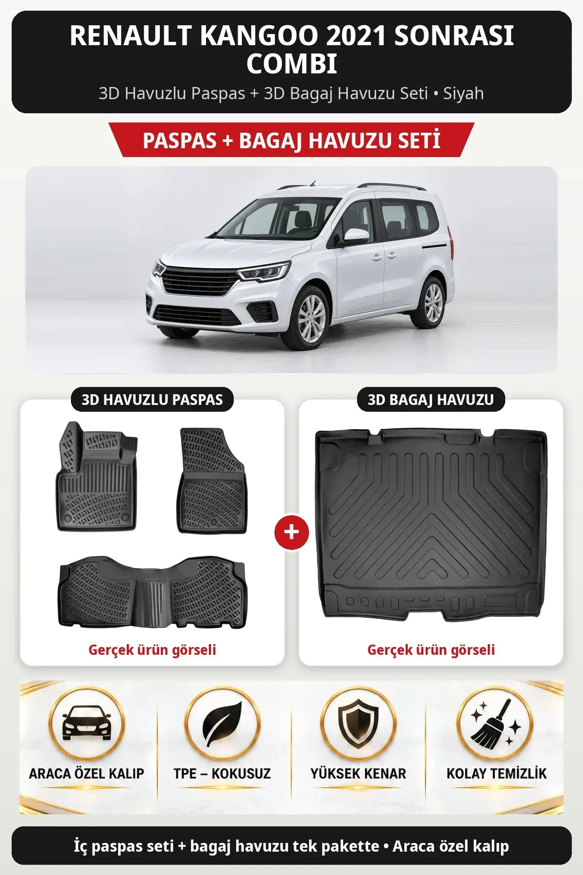 Renault Kangoo 2021 Sonrası Combi 3D Havuzlu Paspas + 3D Bagaj Havuzu Seti Siyah (1)