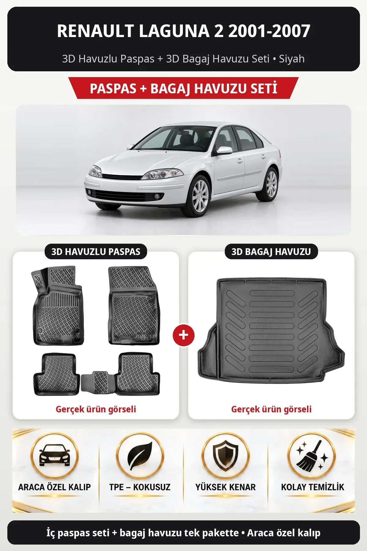 Renault Laguna 2 2001-2007 3D Havuzlu Paspas + 3D Bagaj Havuzu Seti Siyah (1)