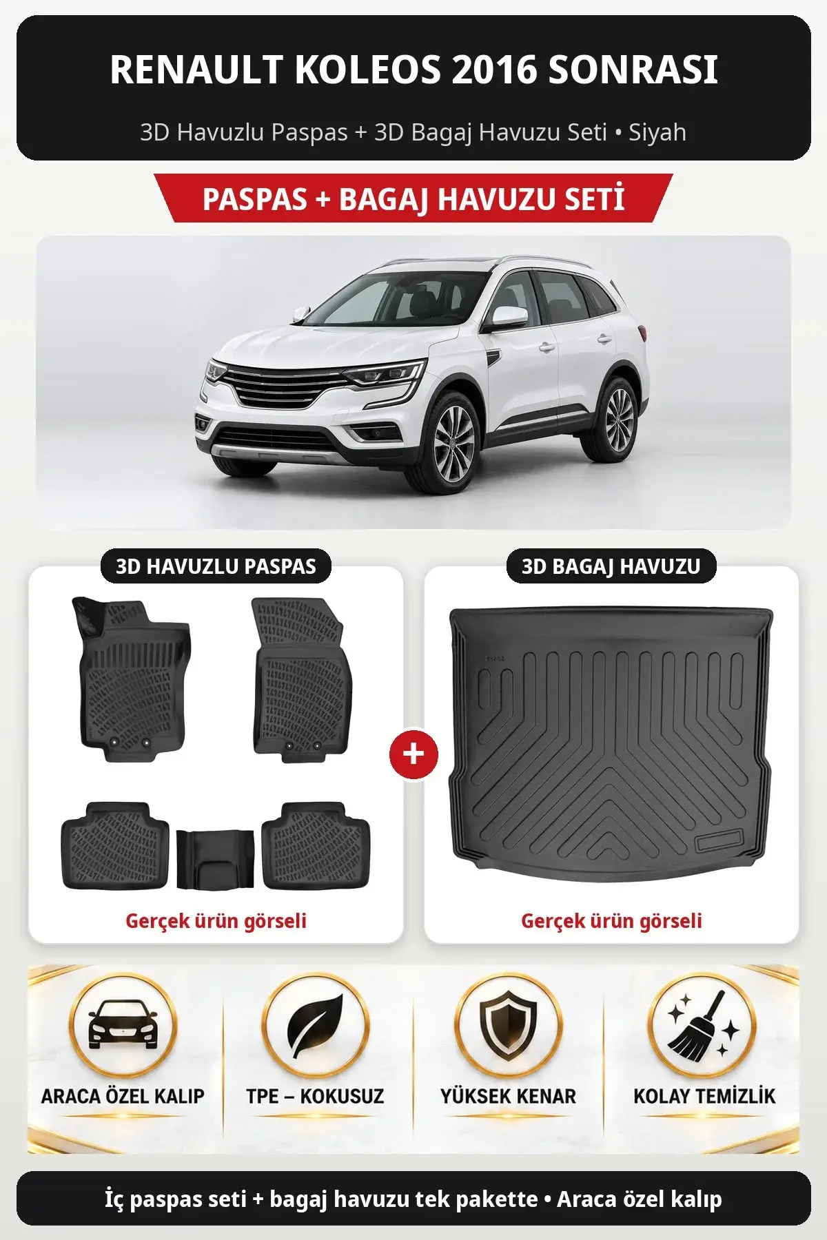 Renault Koleos 2016 Sonrası 3D Havuzlu Paspas + 3D Bagaj Havuzu Seti Siyah (1)
