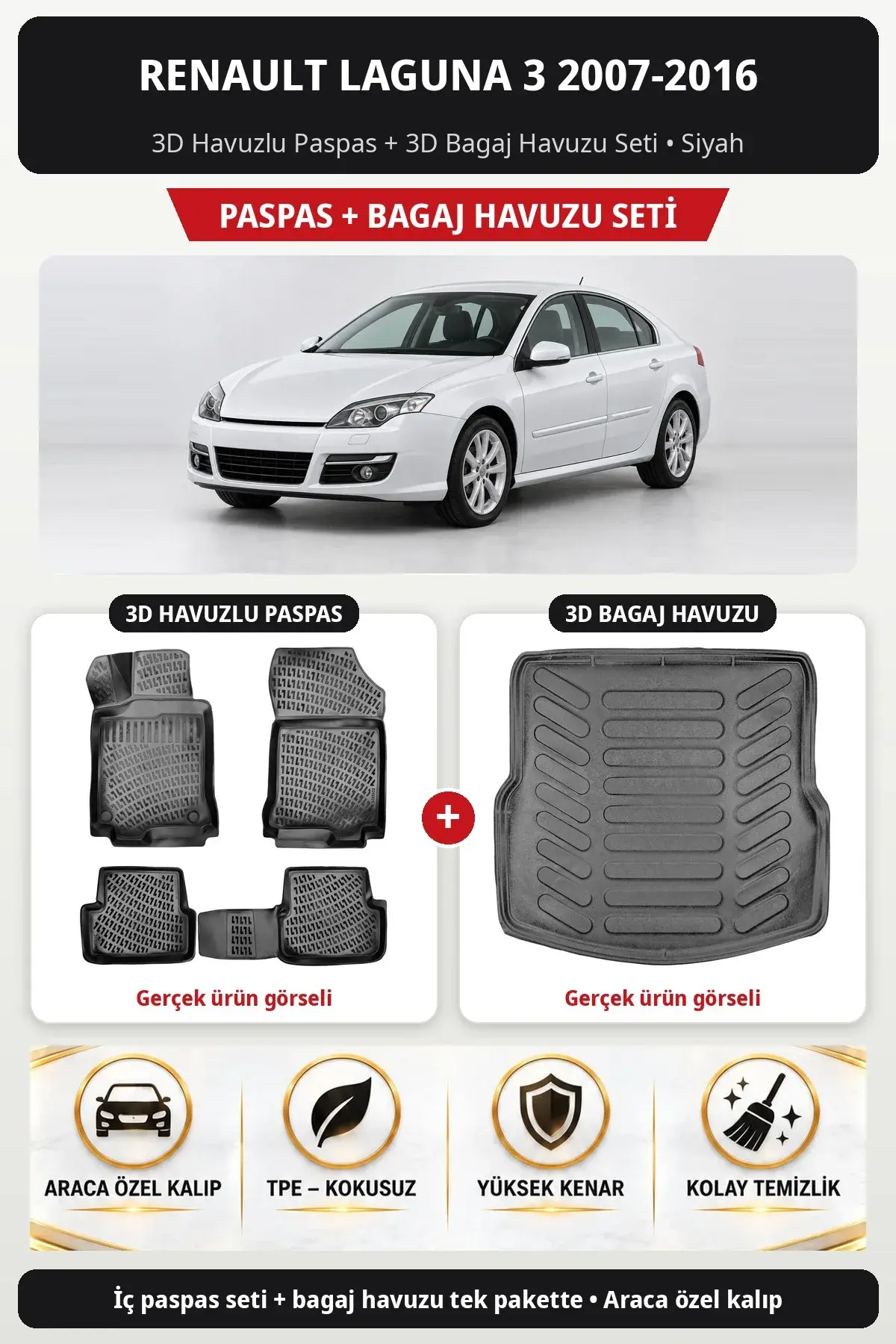 Renault Laguna 3 2007-2016 3D Havuzlu Paspas + 3D Bagaj Havuzu Seti Siyah (1)