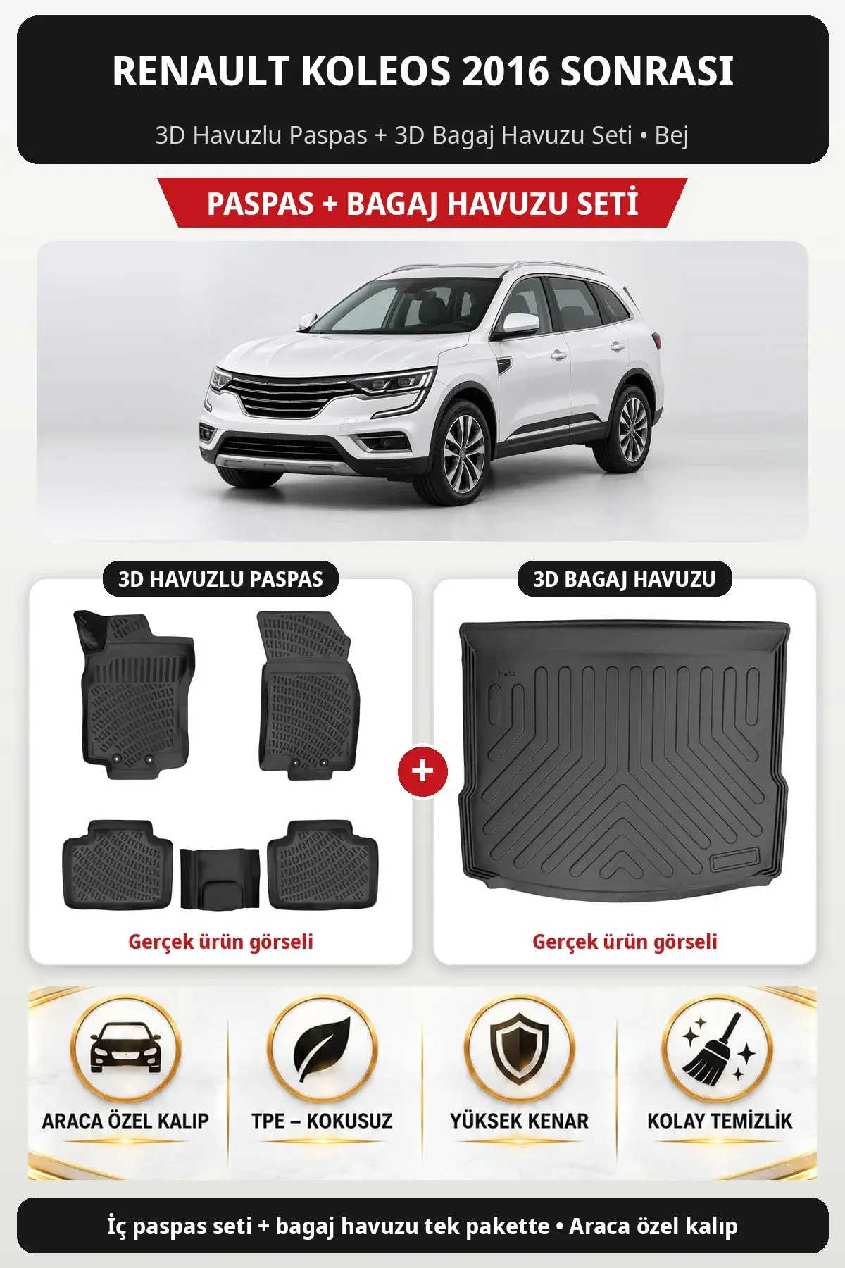 Renault Koleos 2016 Sonrası 3D Havuzlu Paspas + 3D Bagaj Havuzu Seti Bej (1)