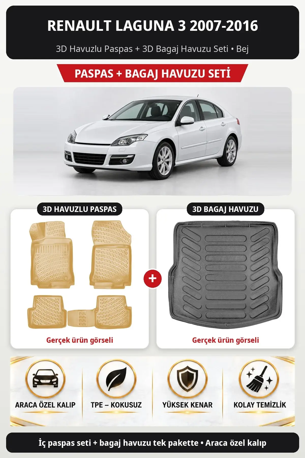 Renault Laguna 3 2007-2016 3D Havuzlu Paspas + 3D Bagaj Havuzu Seti Bej (1)