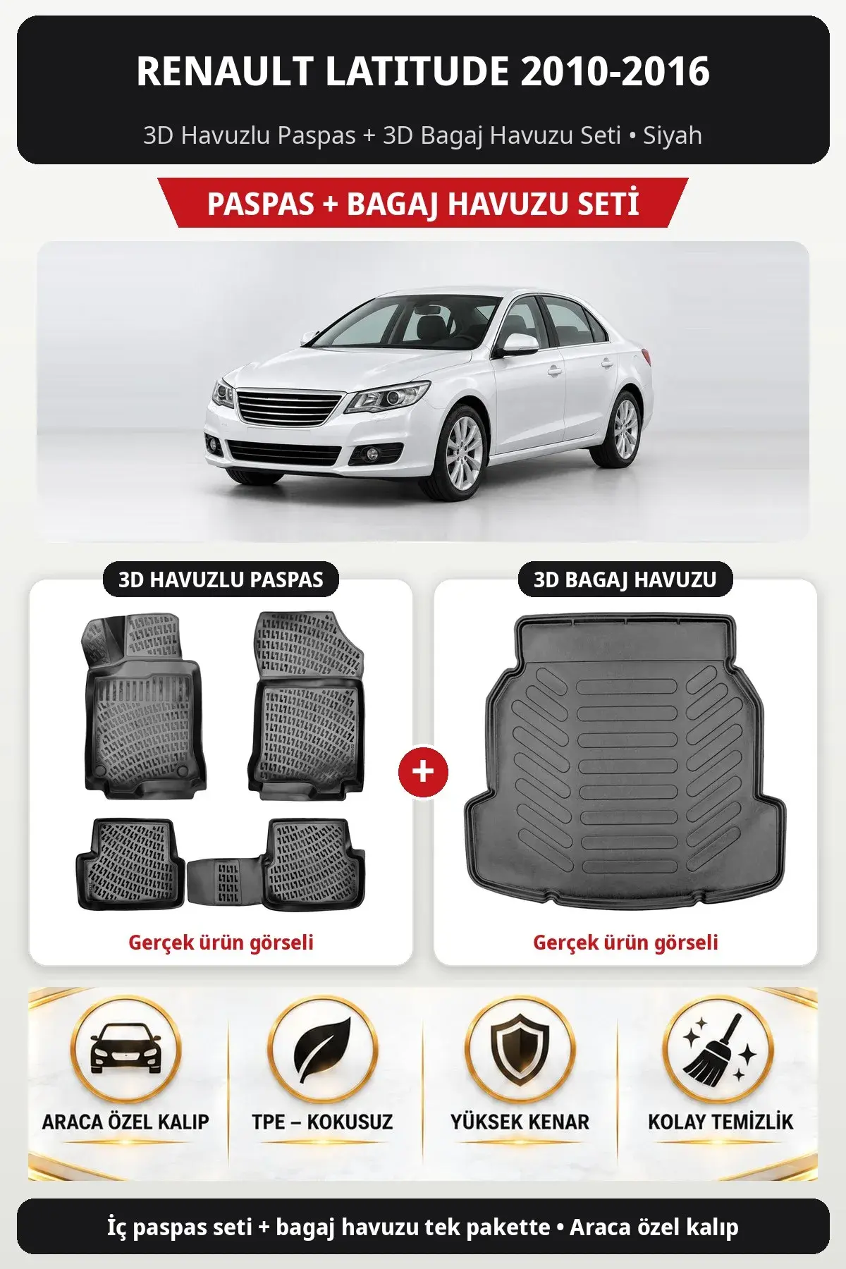 Renault Latitude 2010-2016 3D Havuzlu Paspas + 3D Bagaj Havuzu Seti Siyah (1)
