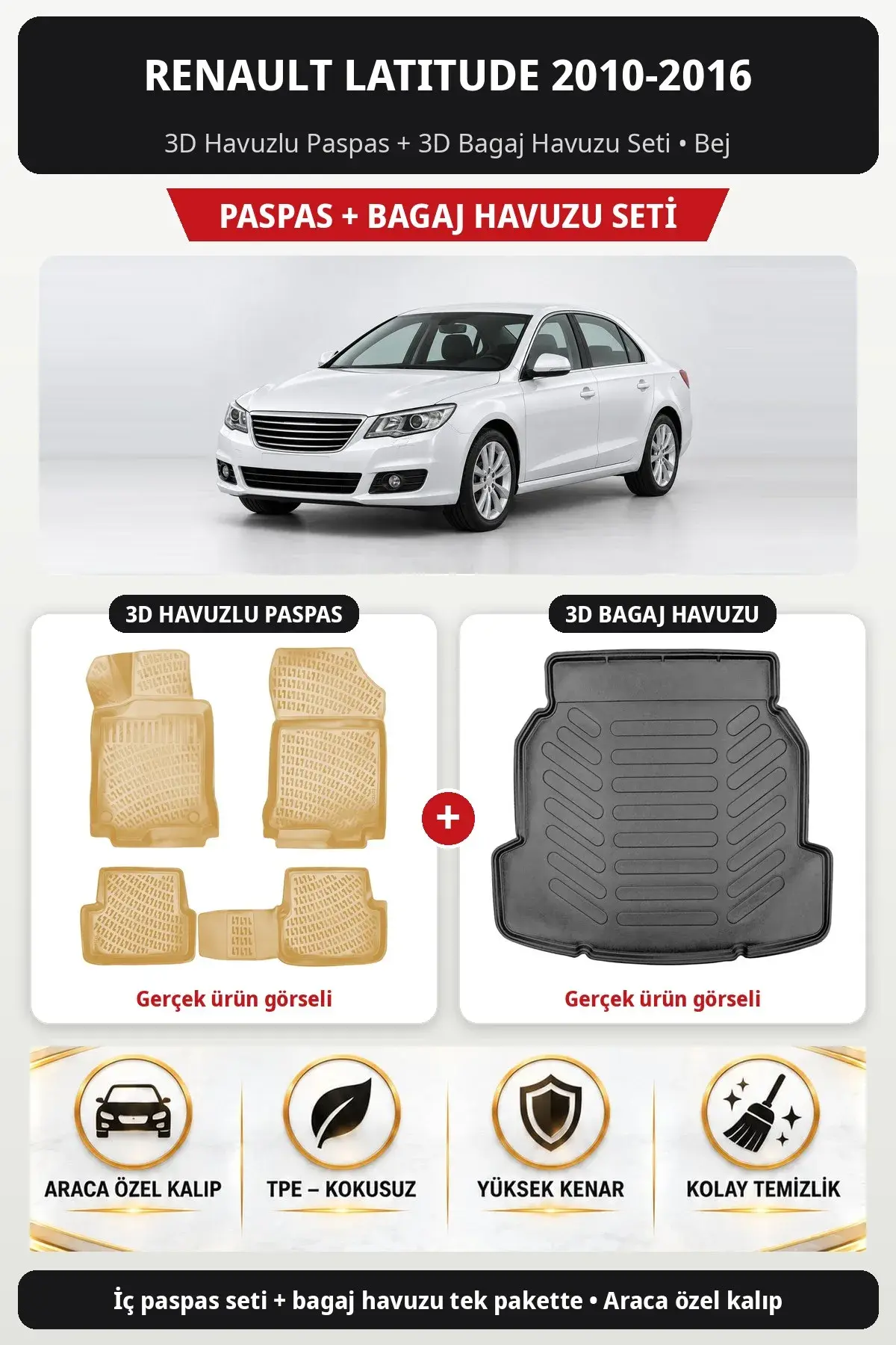 Renault Latitude 2010-2016 3D Havuzlu Paspas + 3D Bagaj Havuzu Seti Bej (1)