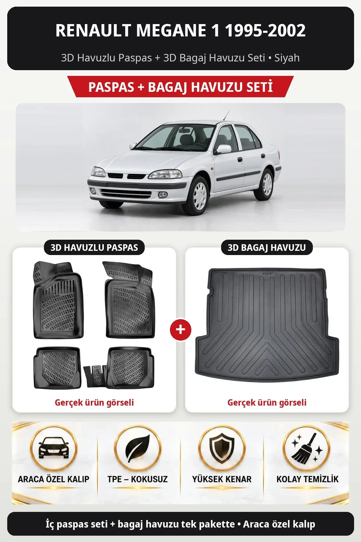 Renault Megane 1 1995-2002 3D Havuzlu Paspas + 3D Bagaj Havuzu Seti Siyah (1)
