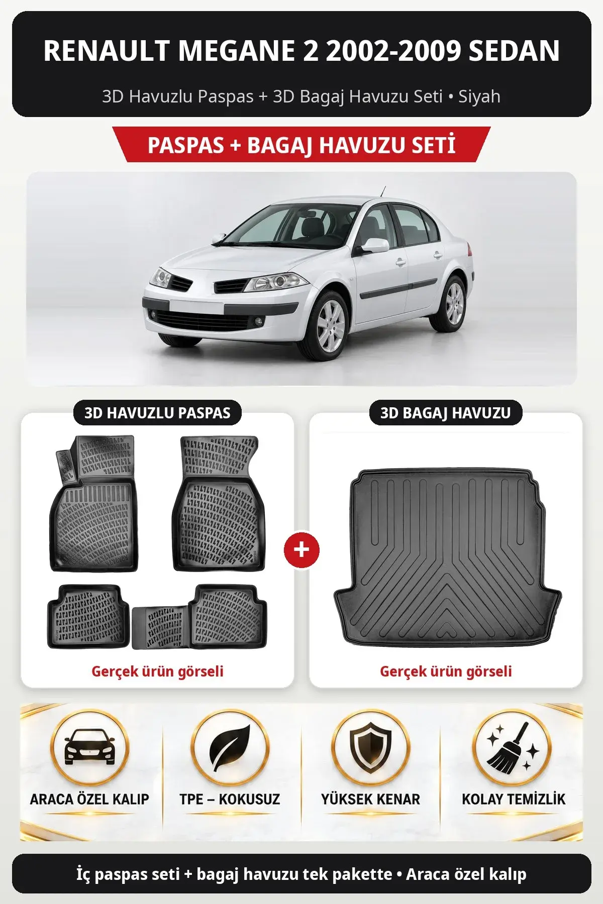 Renault Megane 2 2002-2009 Sedan 3D Havuzlu Paspas + 3D Bagaj Havuzu Seti Siyah (1)