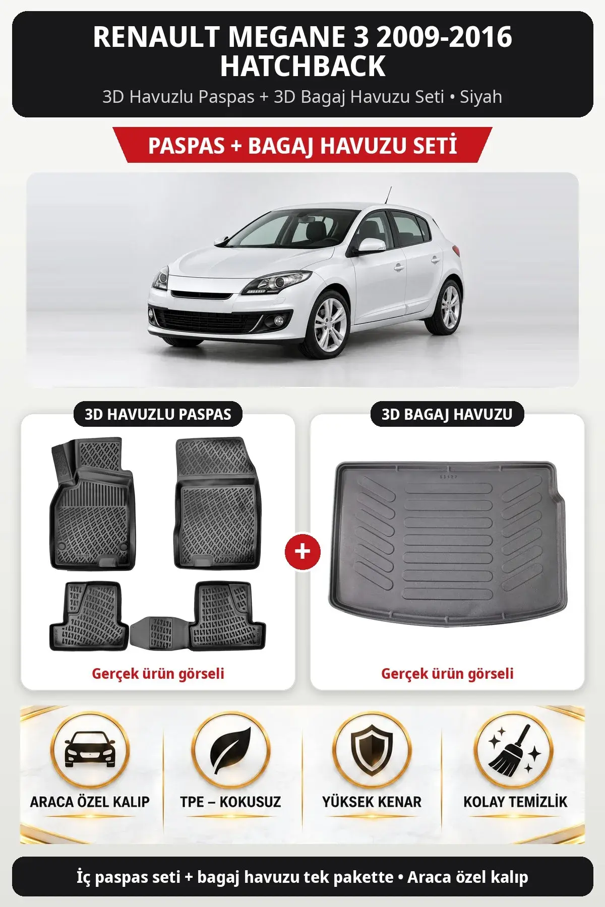 Renault Megane 3 2009-2016 Hatchback 3D Havuzlu Paspas + 3D Bagaj Havuzu Seti Siyah (1)