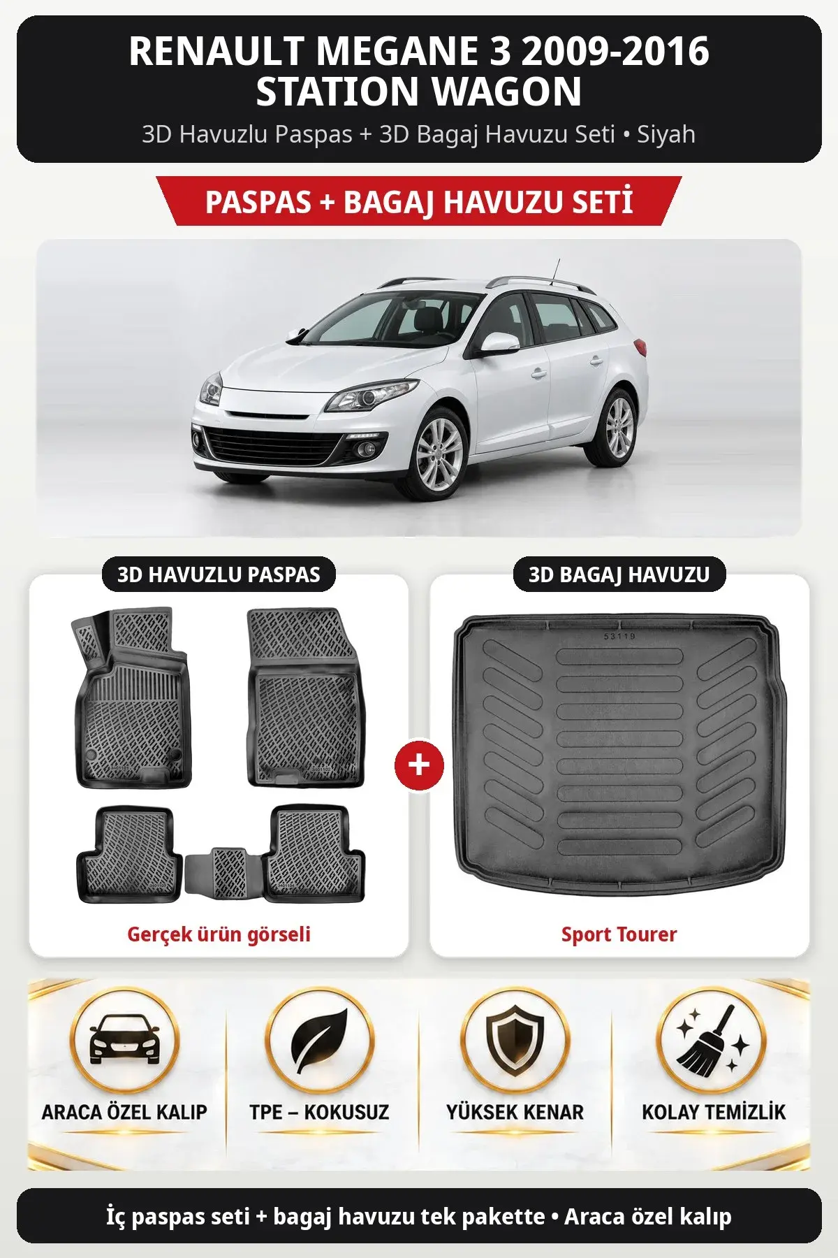 Renault Megane 3 2009-2016 Station Wagon 3D Paspas + Bagaj Havuzu Seti (Sport Tourer) Siyah (1)