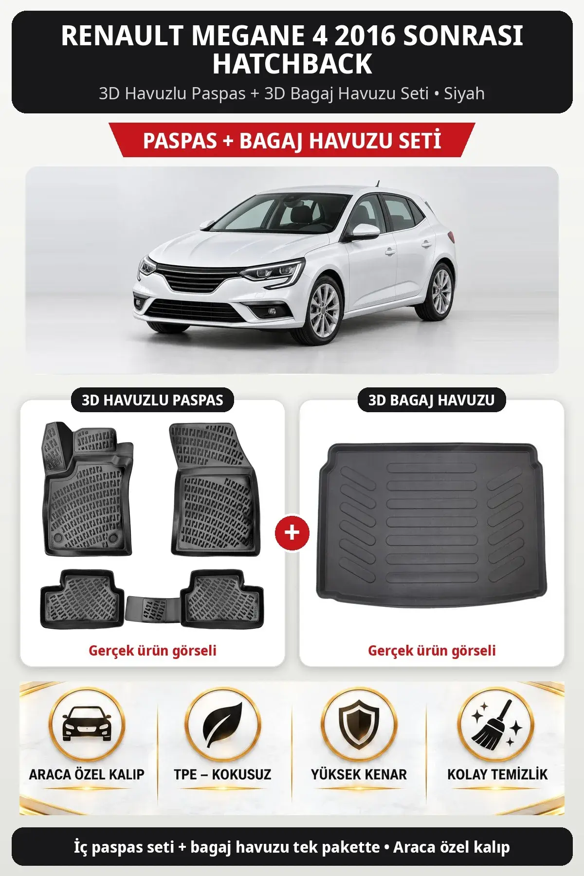 Renault Megane 4 2016 Sonrası Hatchback 3D Havuzlu Paspas + 3D Bagaj Havuzu Seti Siyah (1)