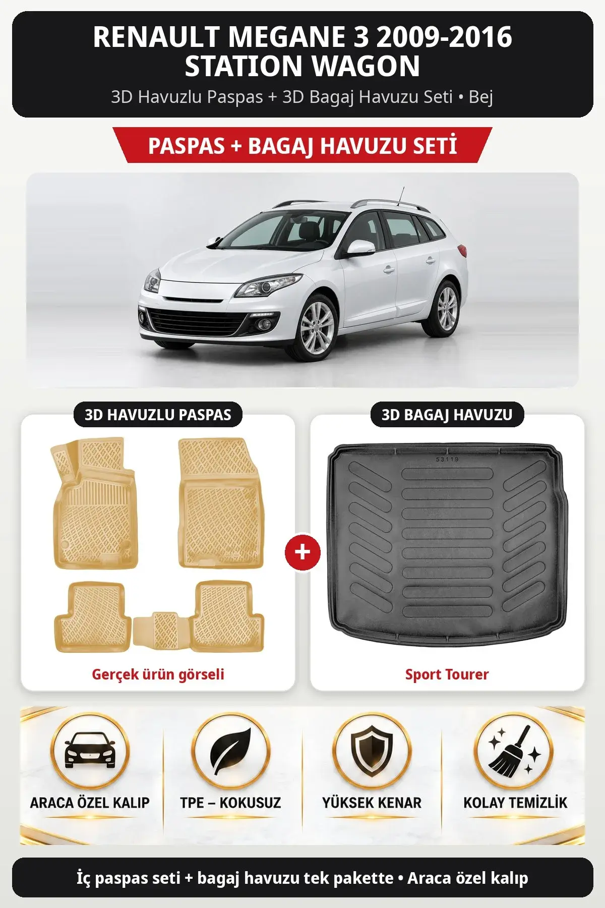 Renault Megane 3 2009-2016 Station Wagon 3D Havuzlu Paspas + 3D Bagaj Havuzu Seti (Sport Tourer) Bej (1)