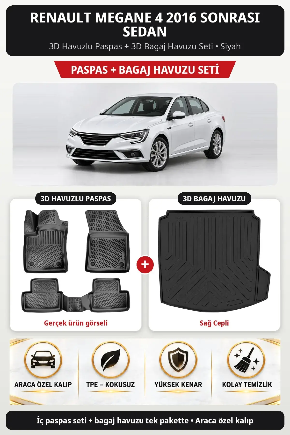 Renault Megane 4 2016 Sonrası Sedan 3D Havuzlu Paspas + 3D Bagaj Havuzu Seti (Sağ Cepli) Siyah (1)