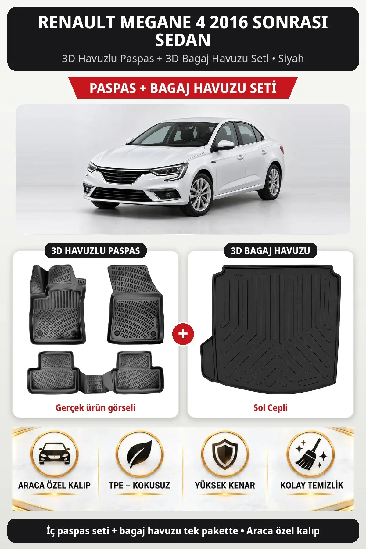 Renault Megane 4 2016 Sonrası Sedan 3D Havuzlu Paspas + 3D Bagaj Havuzu Seti (Sol Cepli) Siyah (1)