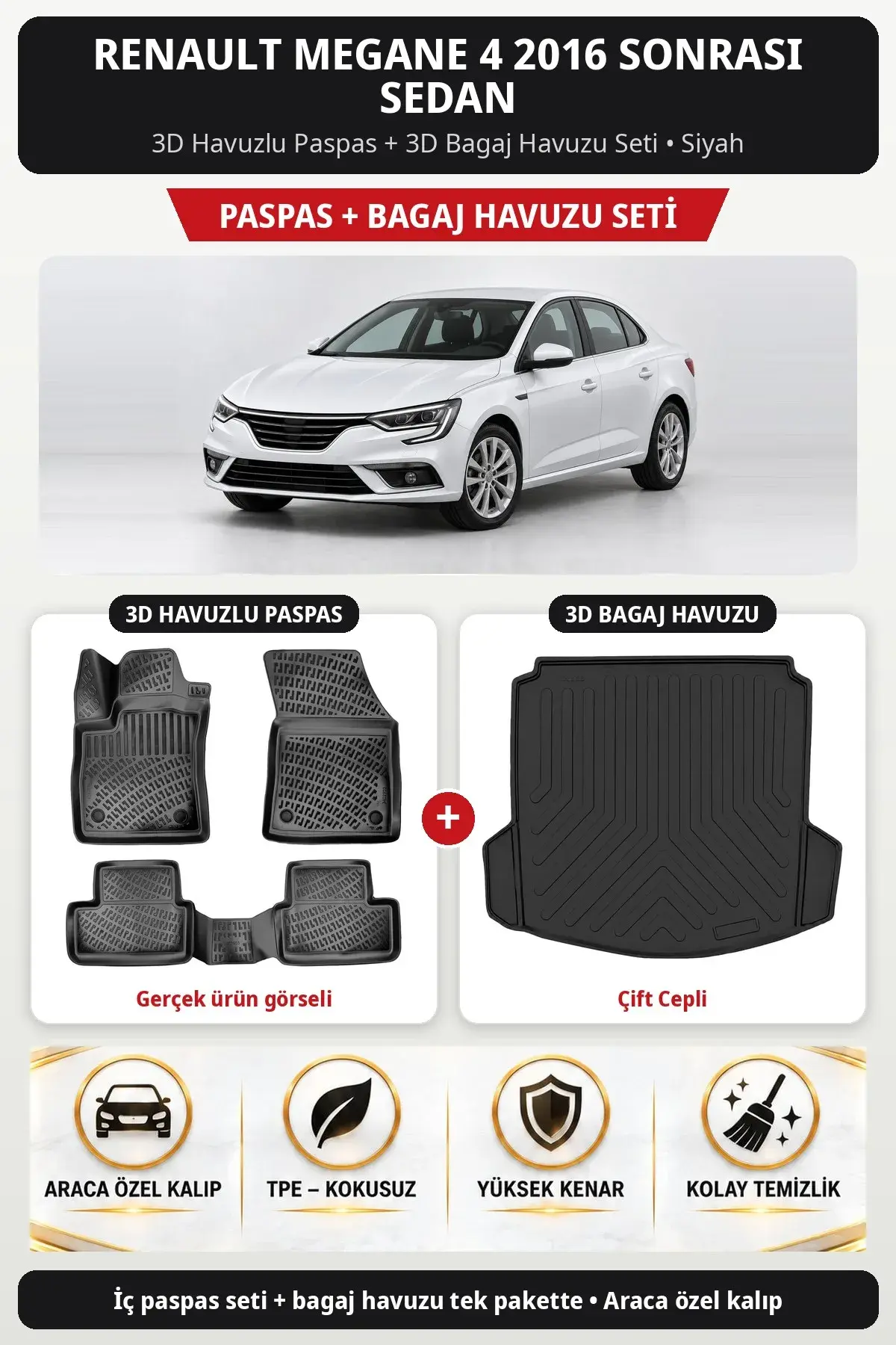 Renault Megane 4 2016 Sonrası Sedan 3D Havuzlu Paspas + 3D Bagaj Havuzu Seti (Çift Cepli) Siyah (1)