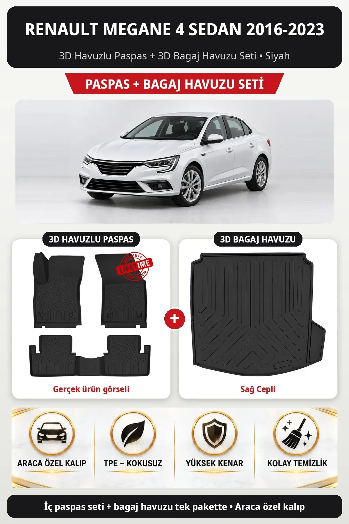 Renault Megane 4 Sedan 2016-2023 3D Havuzlu Paspas + 3D Bagaj Havuzu Seti (Sağ Cepli) Siyah (1)