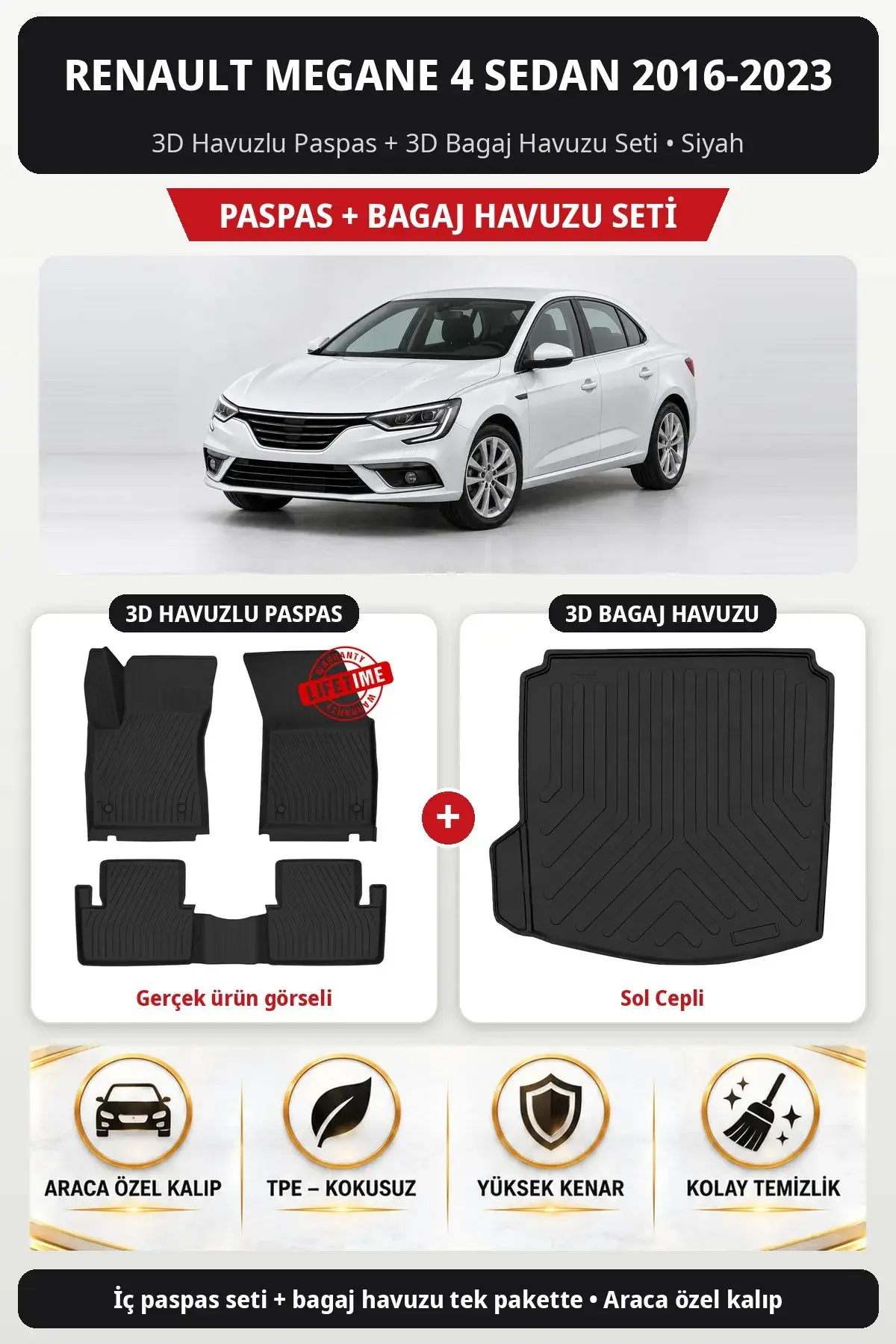 Renault Megane 4 Sedan 2016-2023 3D Havuzlu Paspas + 3D Bagaj Havuzu Seti (Sol Cepli) Siyah (1)