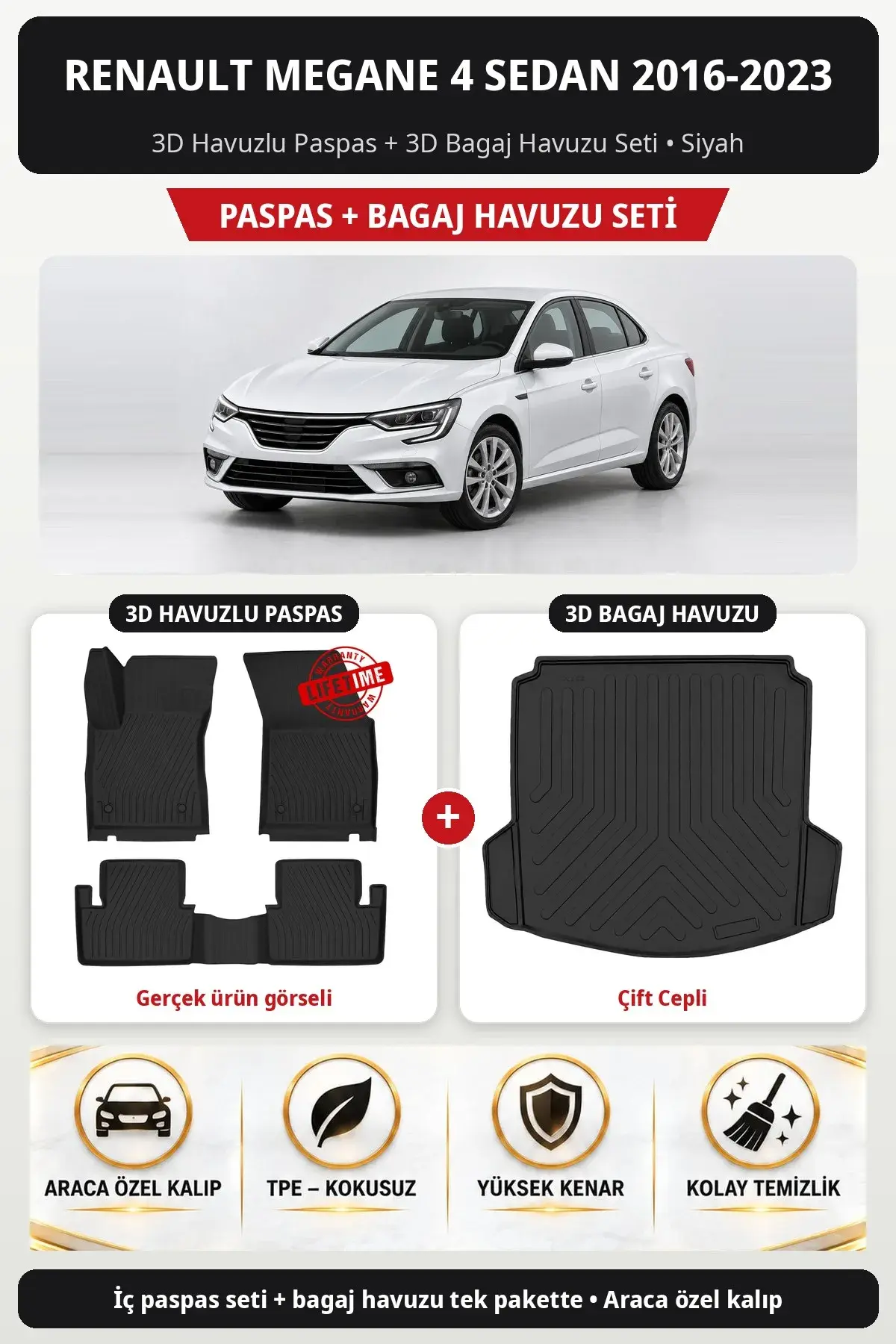 Renault Megane 4 Sedan 2016-2023 3D Havuzlu Paspas + 3D Bagaj Havuzu Seti (Çift Cepli) Siyah (1)