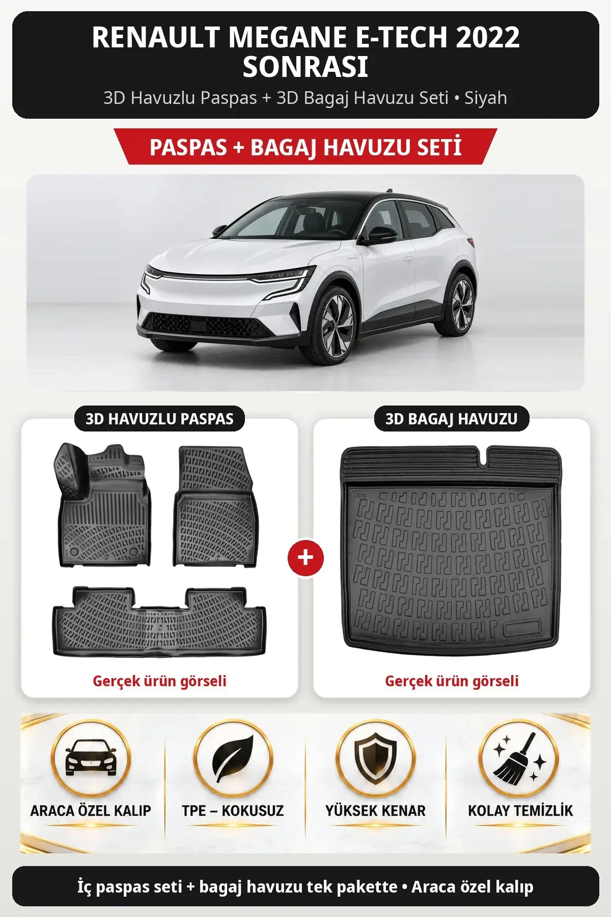 Renault Megane E-Tech 2022 Sonrası 3D Havuzlu Paspas + 3D Bagaj Havuzu Seti Siyah (1)
