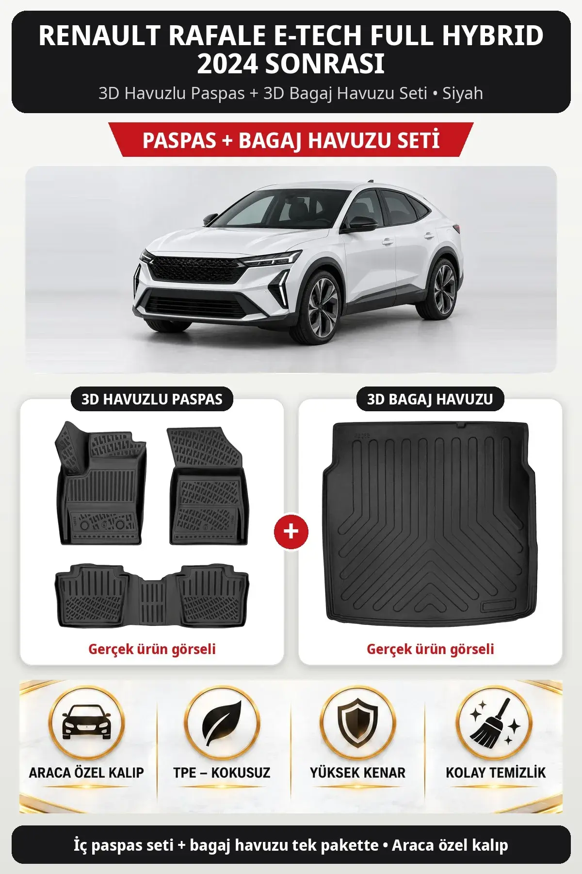 Renault Rafale E-Tech Full Hybrid 2024 Sonrası 3D Havuzlu Paspas + 3D Bagaj Havuzu Seti Siyah (1)