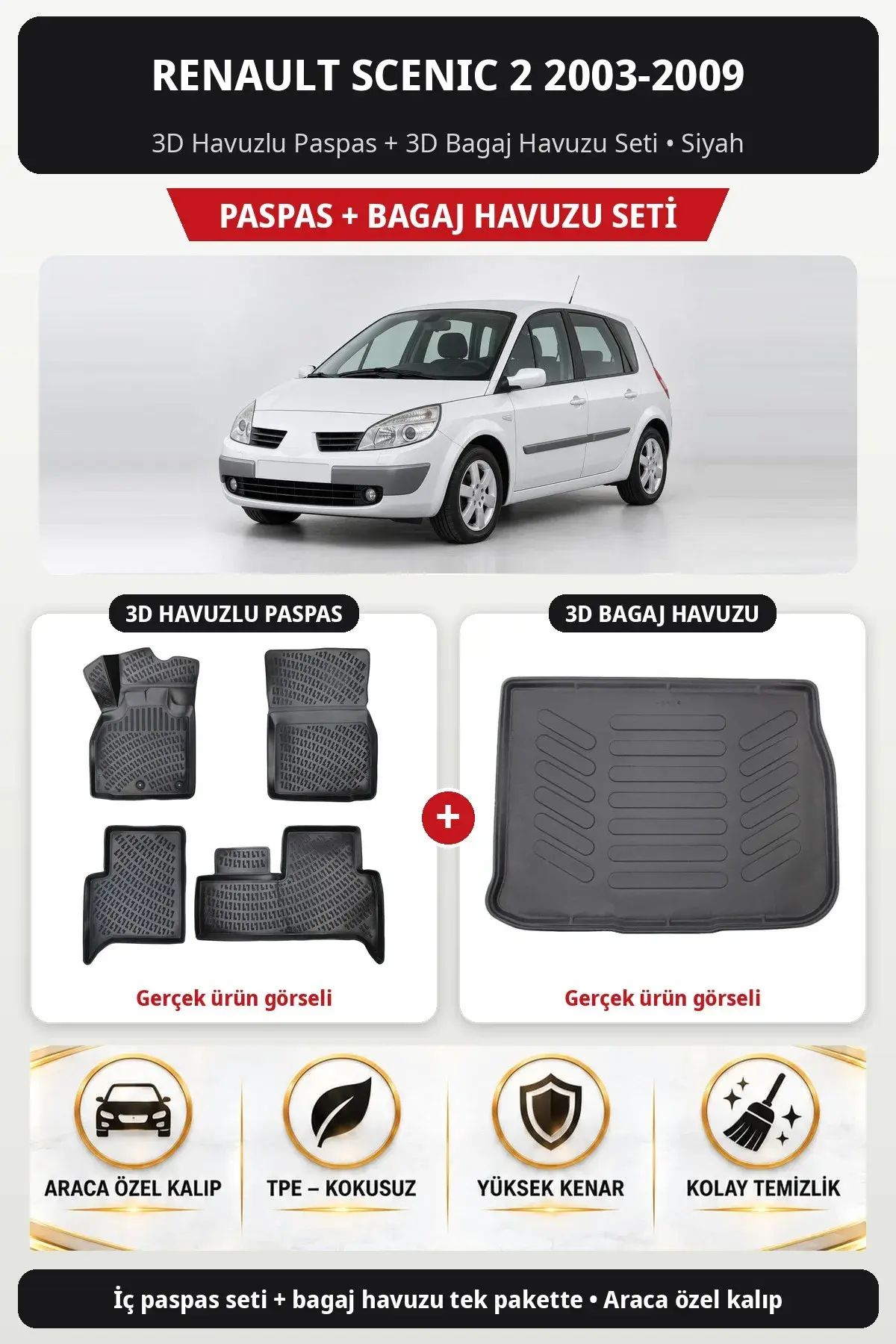Renault Scenic 2 2003-2009 3D Havuzlu Paspas + 3D Bagaj Havuzu Seti Siyah (1)