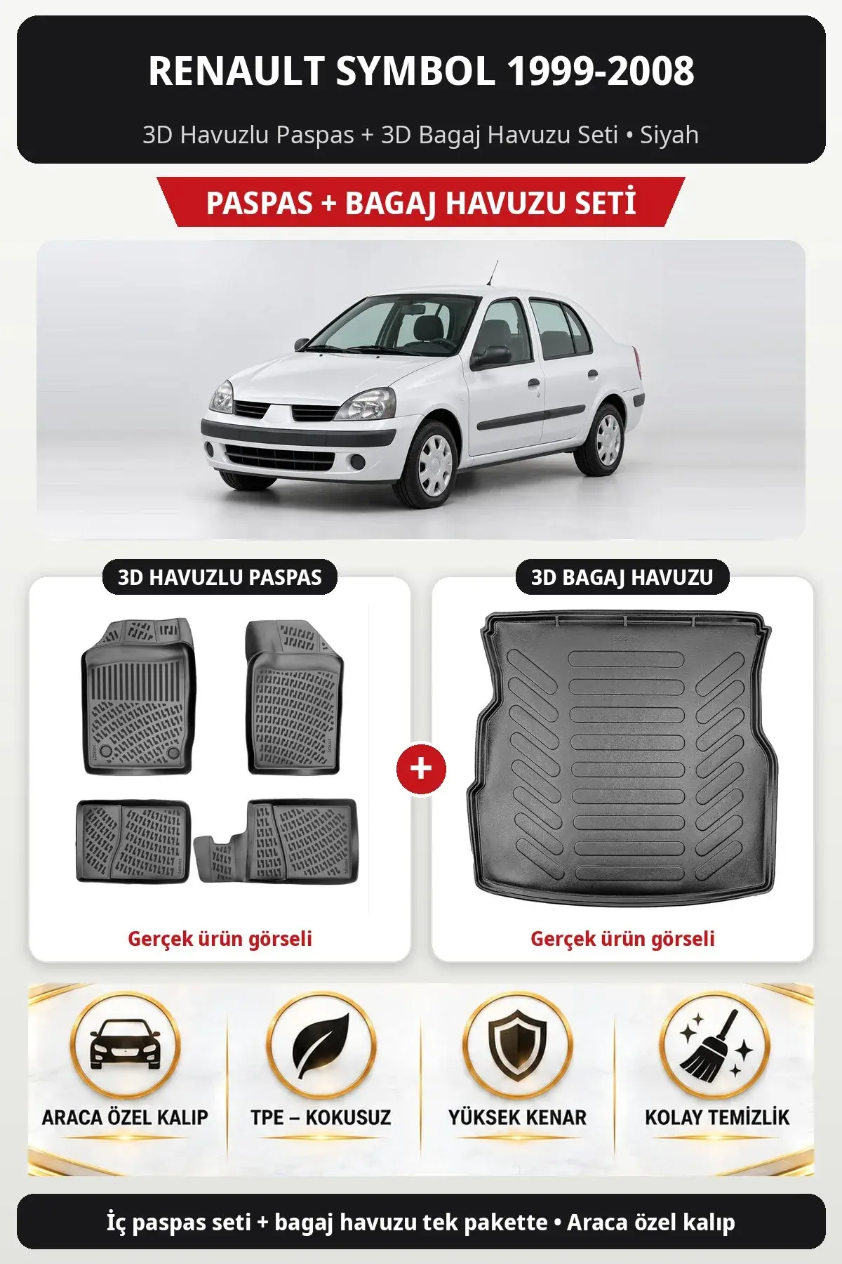 Renault Symbol 1999-2008 3D Havuzlu Paspas + 3D Bagaj Havuzu Seti Siyah (1)