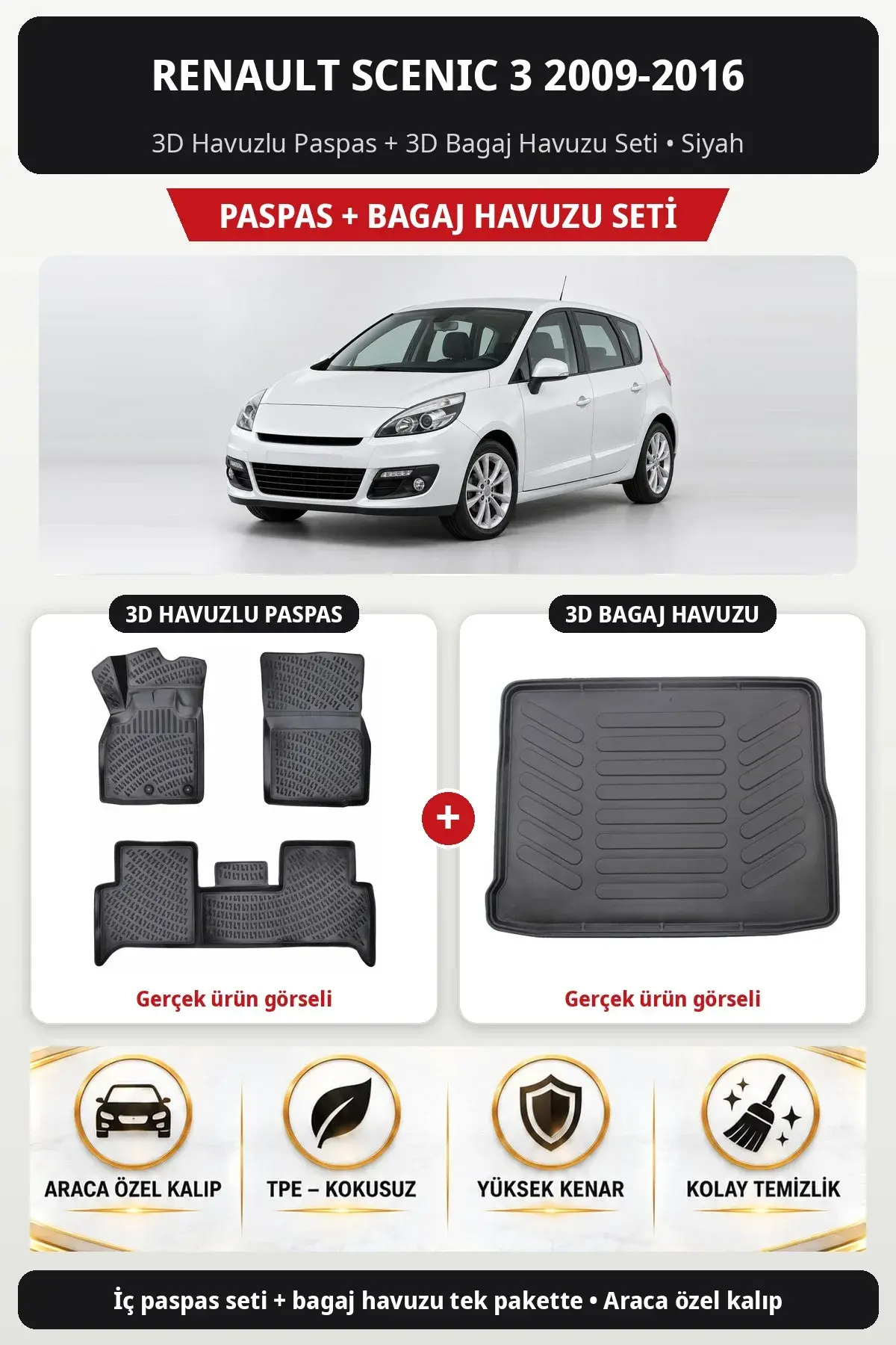Renault Scenic 3 2009-2016 3D Havuzlu Paspas + 3D Bagaj Havuzu Seti Siyah (1)