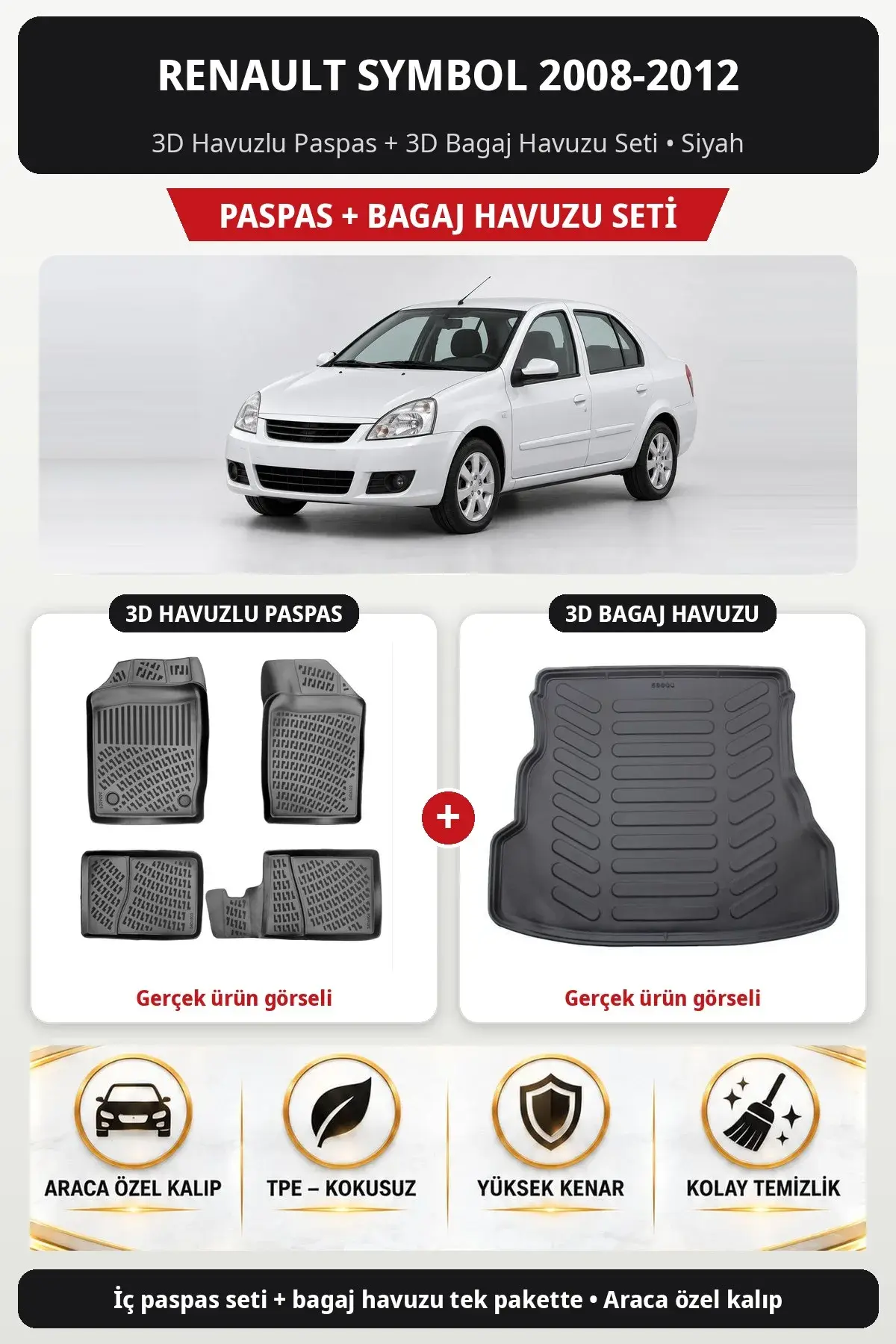 Renault Symbol 2008-2012 3D Havuzlu Paspas + 3D Bagaj Havuzu Seti Siyah (1)