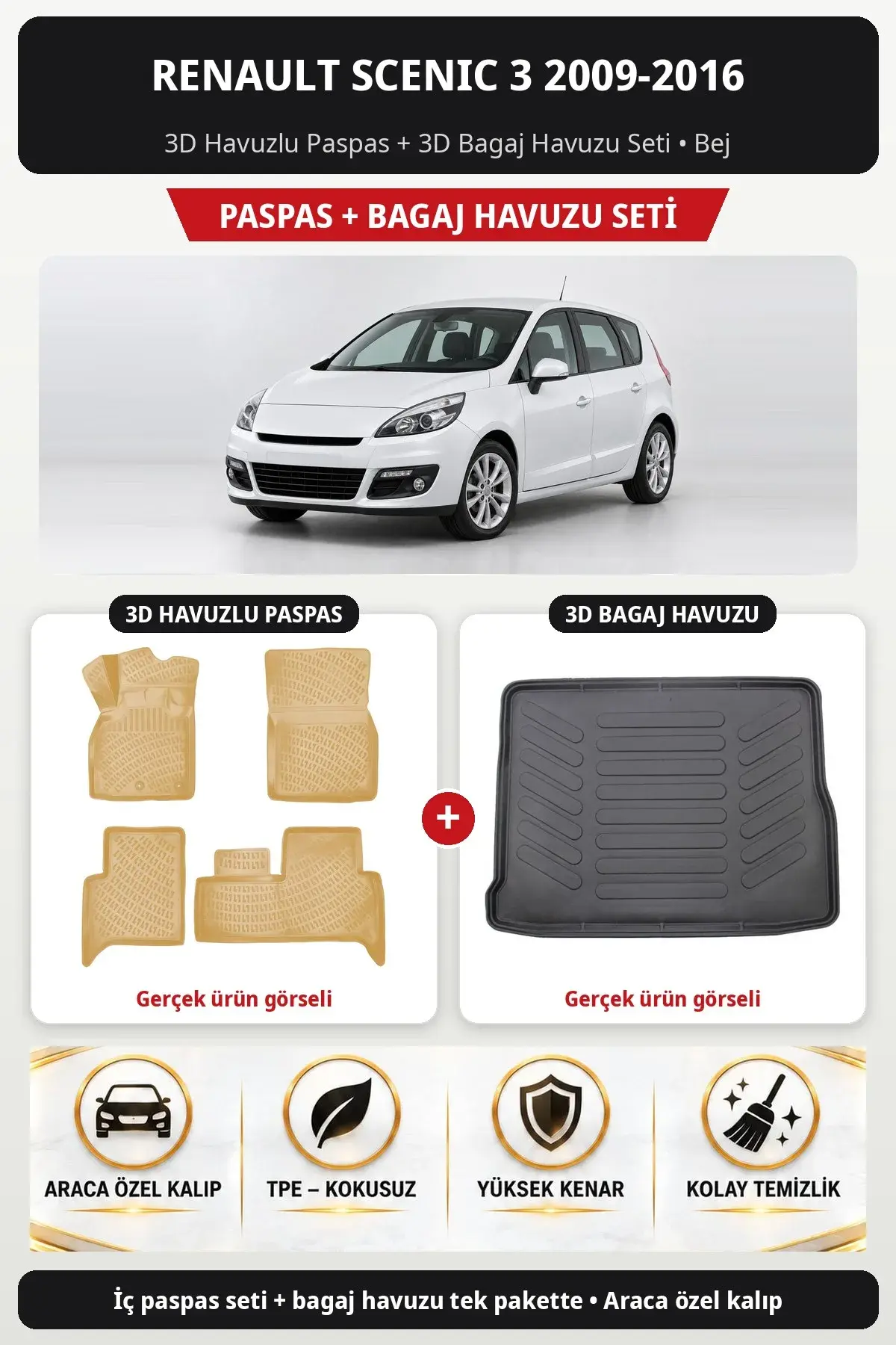 Renault Scenic 3 2009-2016 3D Havuzlu Paspas + 3D Bagaj Havuzu Seti Bej (1)