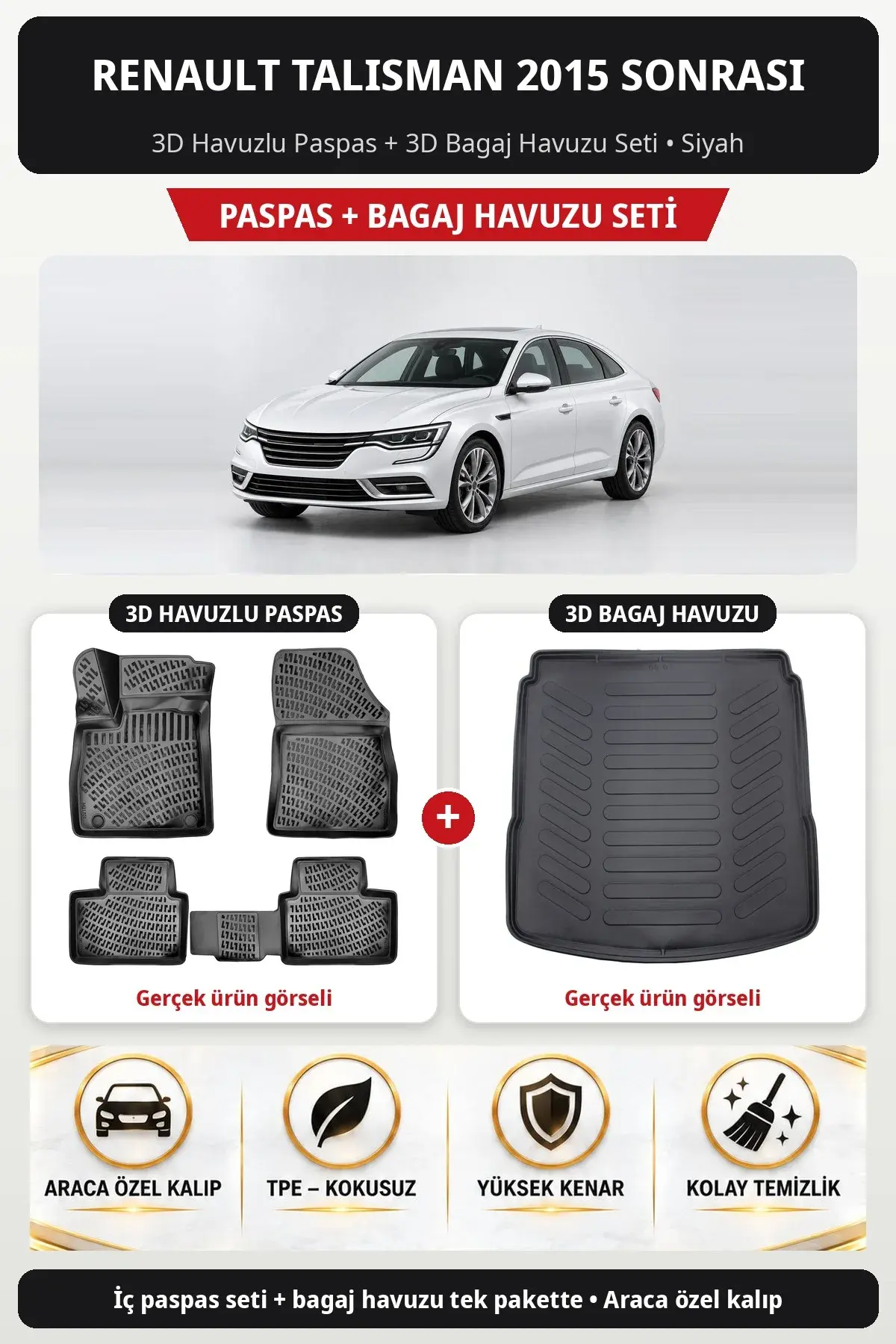 Renault Talisman 2015 Sonrası 3D Havuzlu Paspas + 3D Bagaj Havuzu Seti Siyah (1)